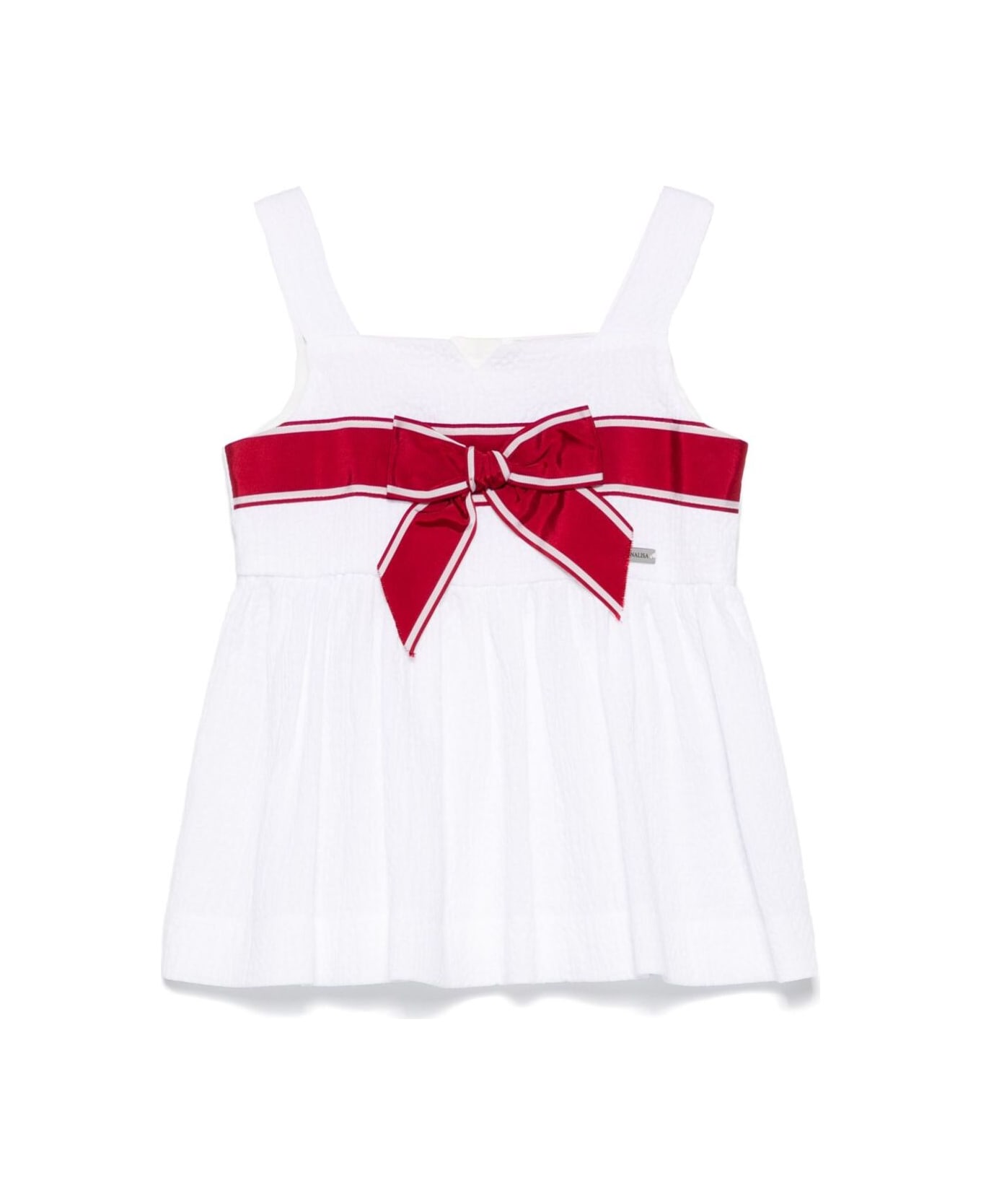 Monnalisa White Top With Square Neckline And Front Bow In Cotton Girl - White