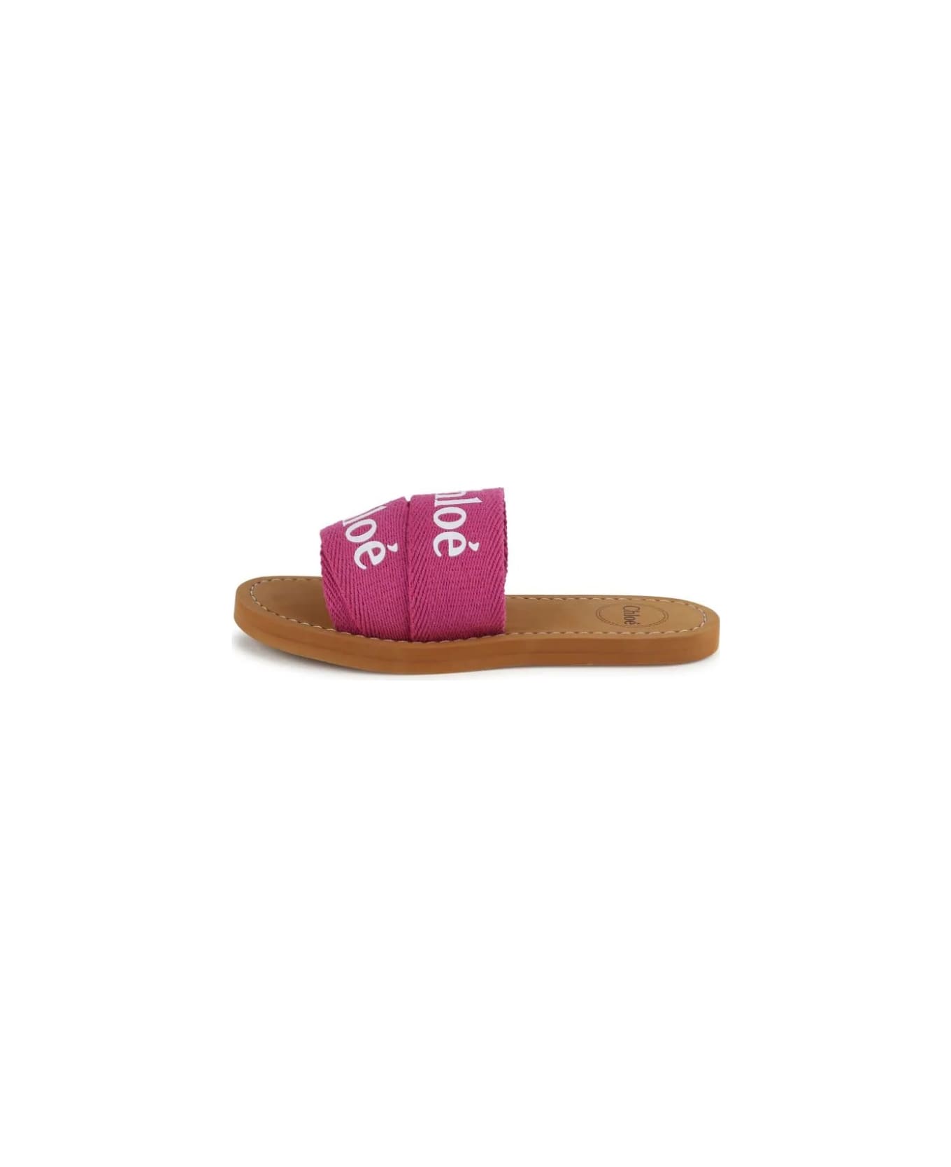 Chloé Woody Sandals In Fuchsia Canvas With Logo - Pink