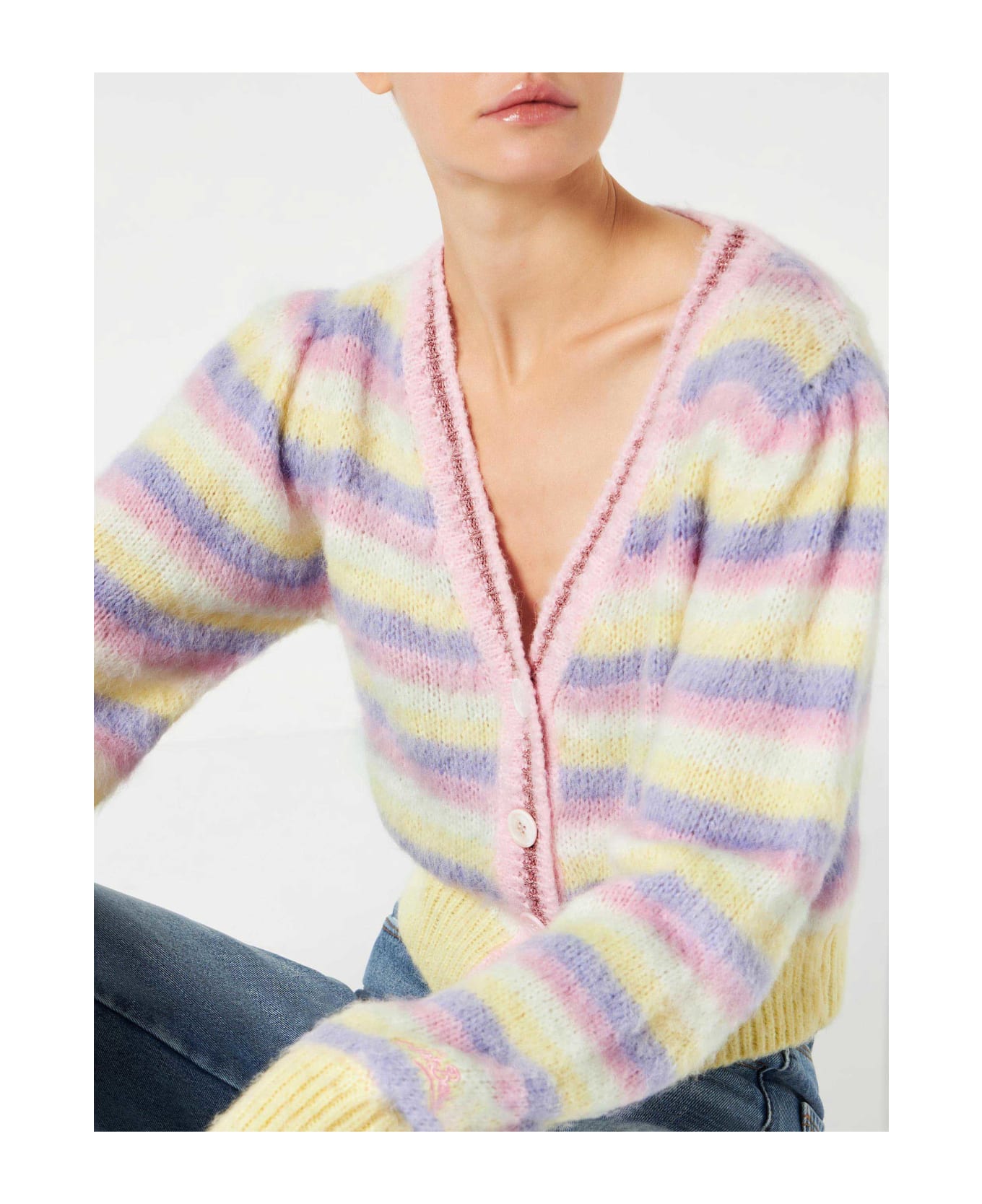 MC2 Saint Barth Brushed Knit Crop Cardigan With Puff Sleeves And Lurex Details - MULTICOLOR