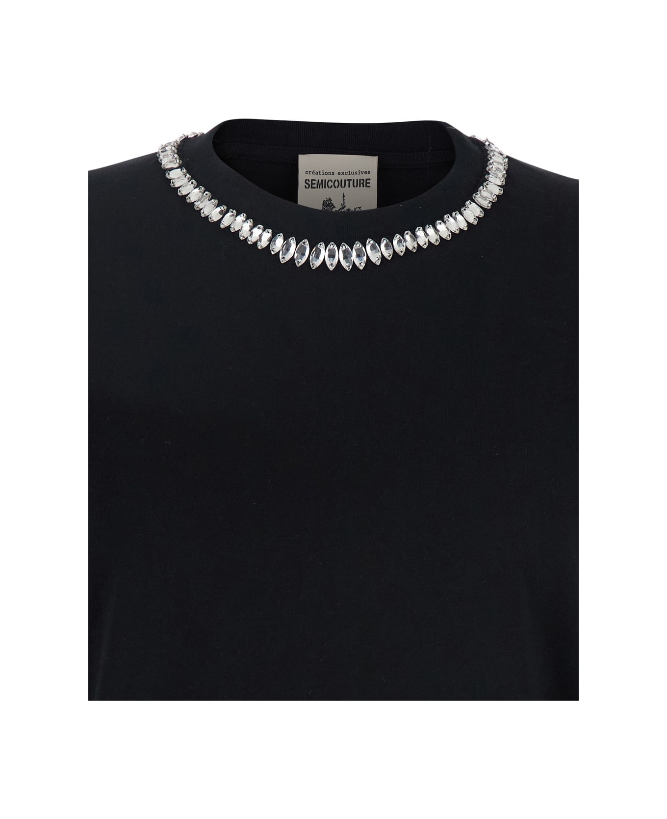 SEMICOUTURE Black Round Neck T-shirt With Metallic Decorations In Cotton Woman - Black