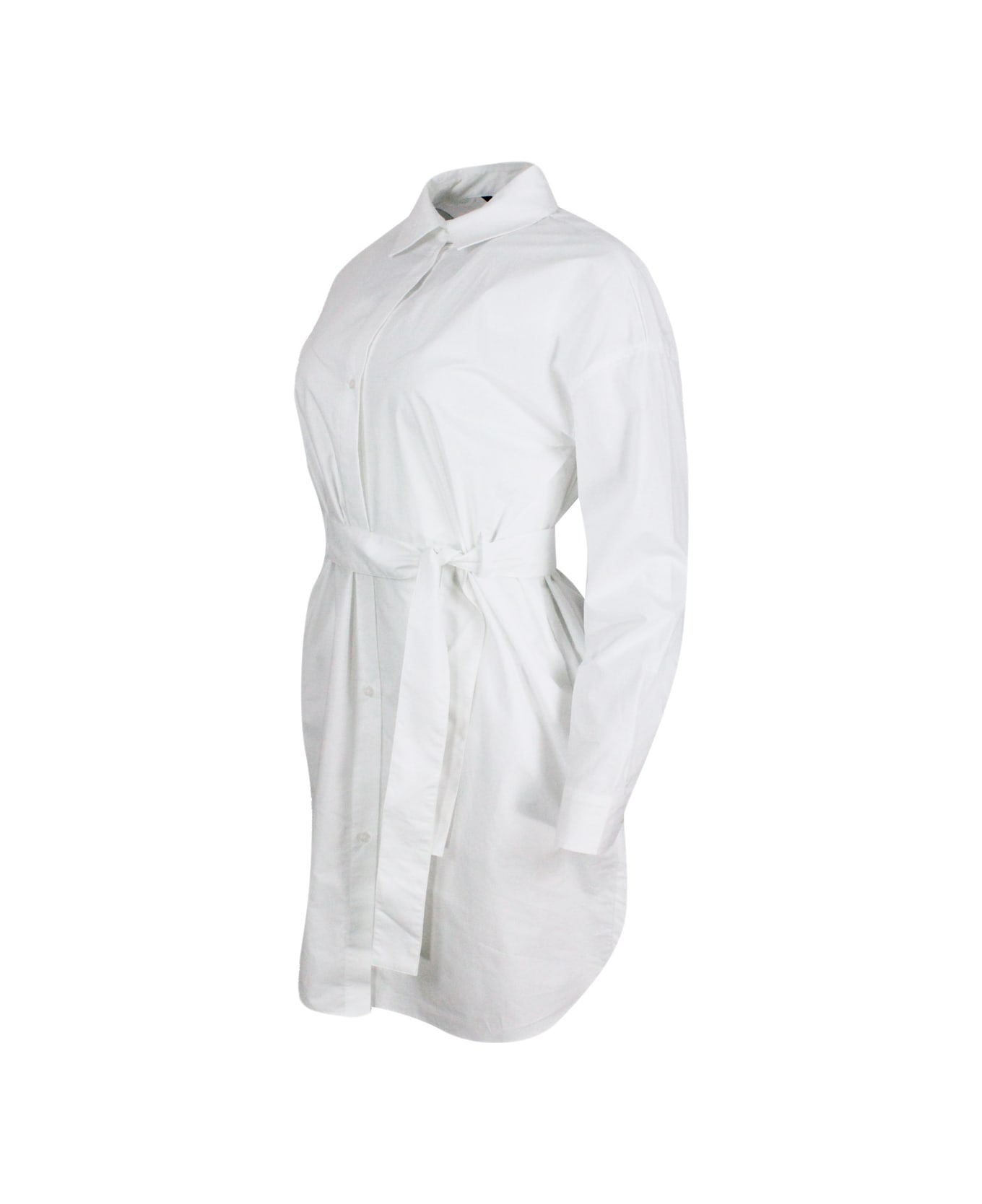 Armani Collezioni Dress Made Of Soft Cotton With Long Sleeves, With Button Closure On The Front And Belt. - White ワンピース＆ドレス