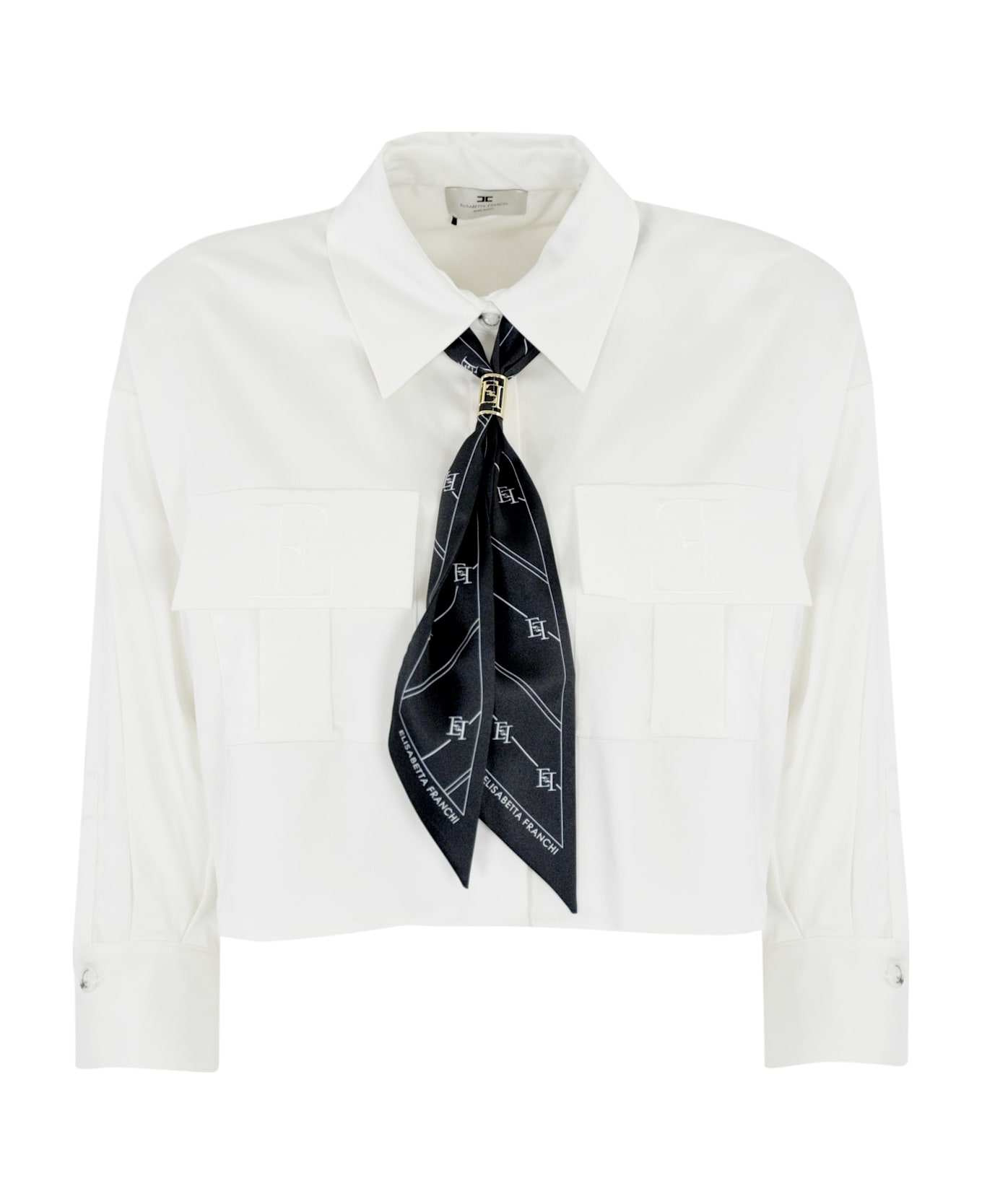 Elisabetta Franchi Cropped Shirt In Stretch Satin With Scarf - Bianco