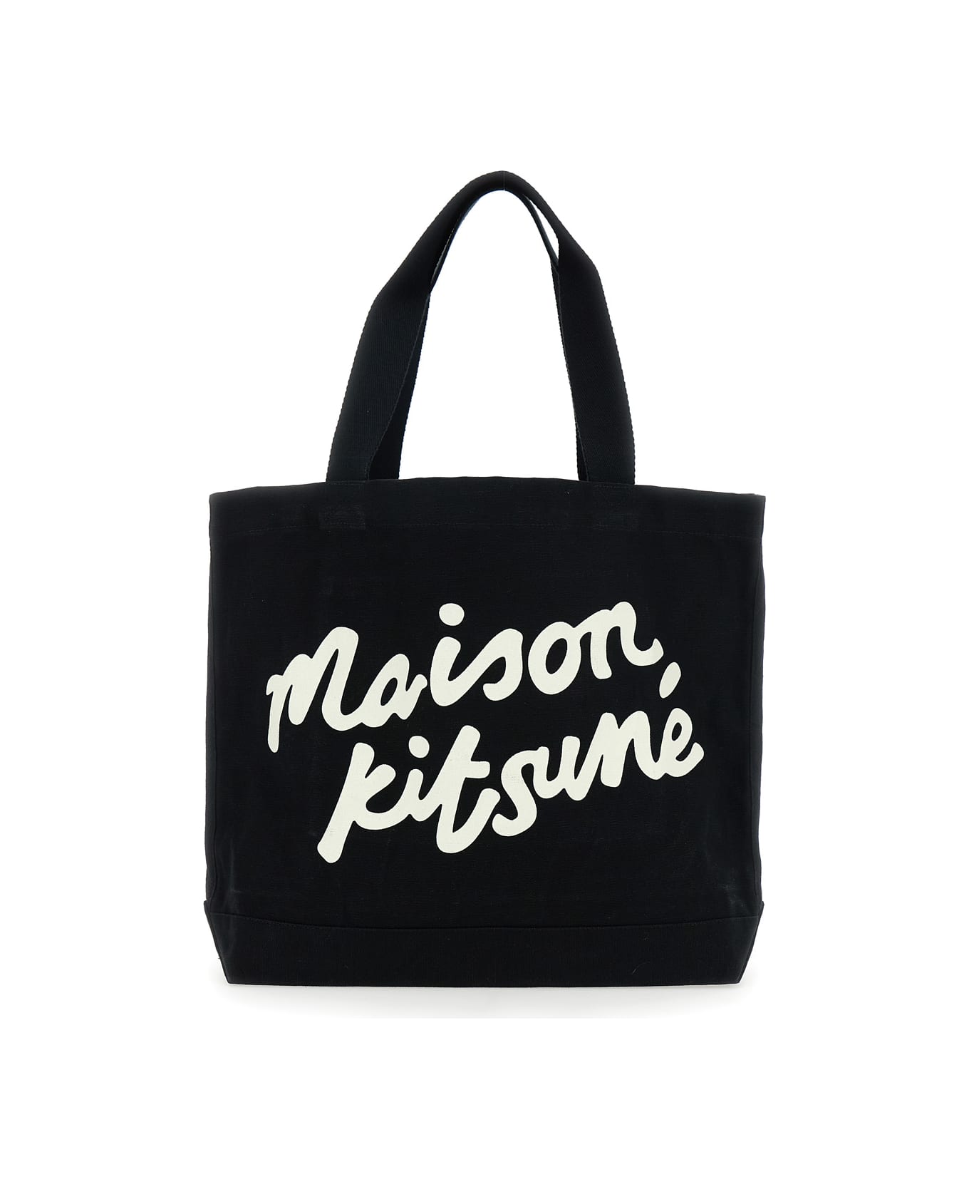 Maison Kitsuné Black Shopper With Maxi Logo Lettering On The Front In Cotton Man - Black