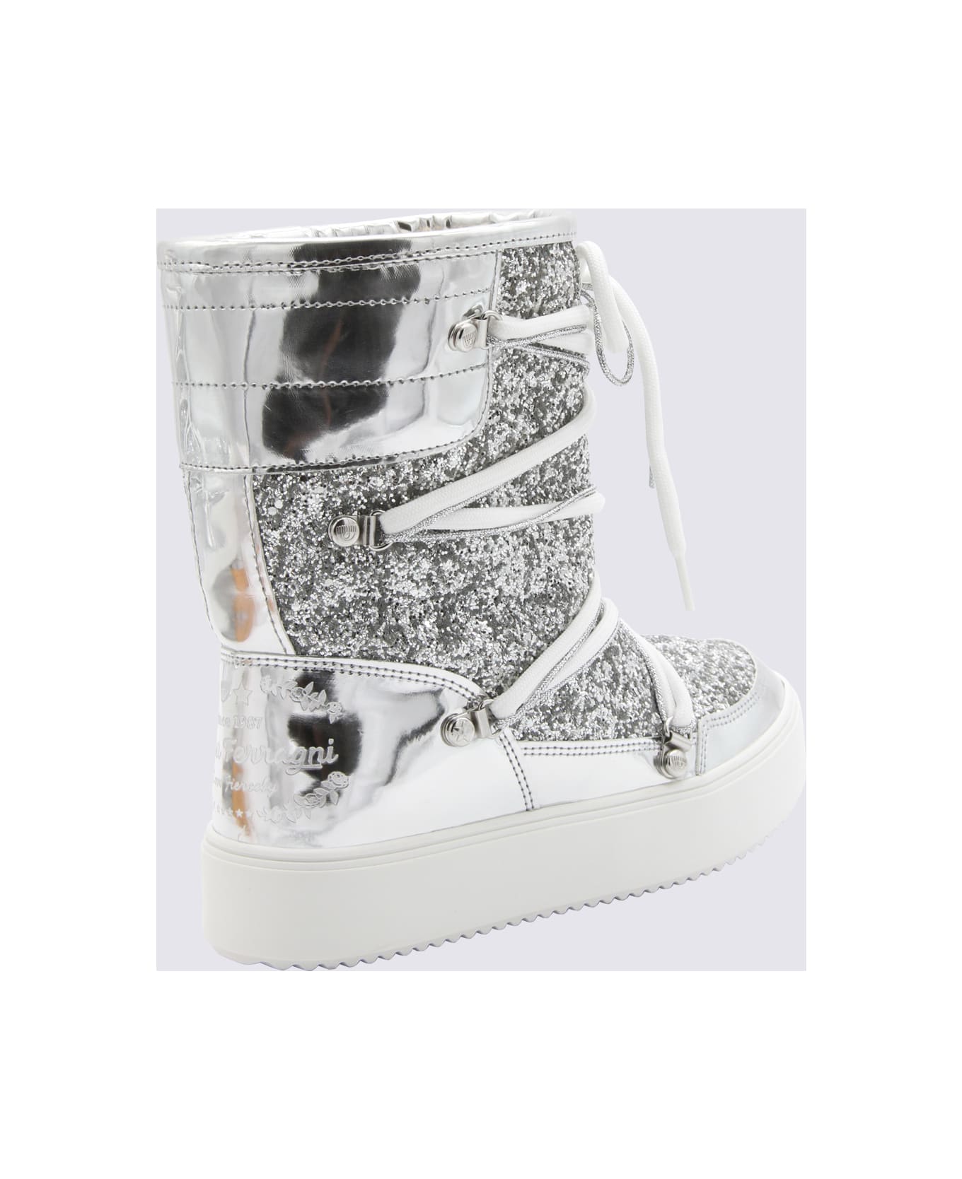 Chiara Ferragni Silver Glitter Flat Ankle Boots - Silver