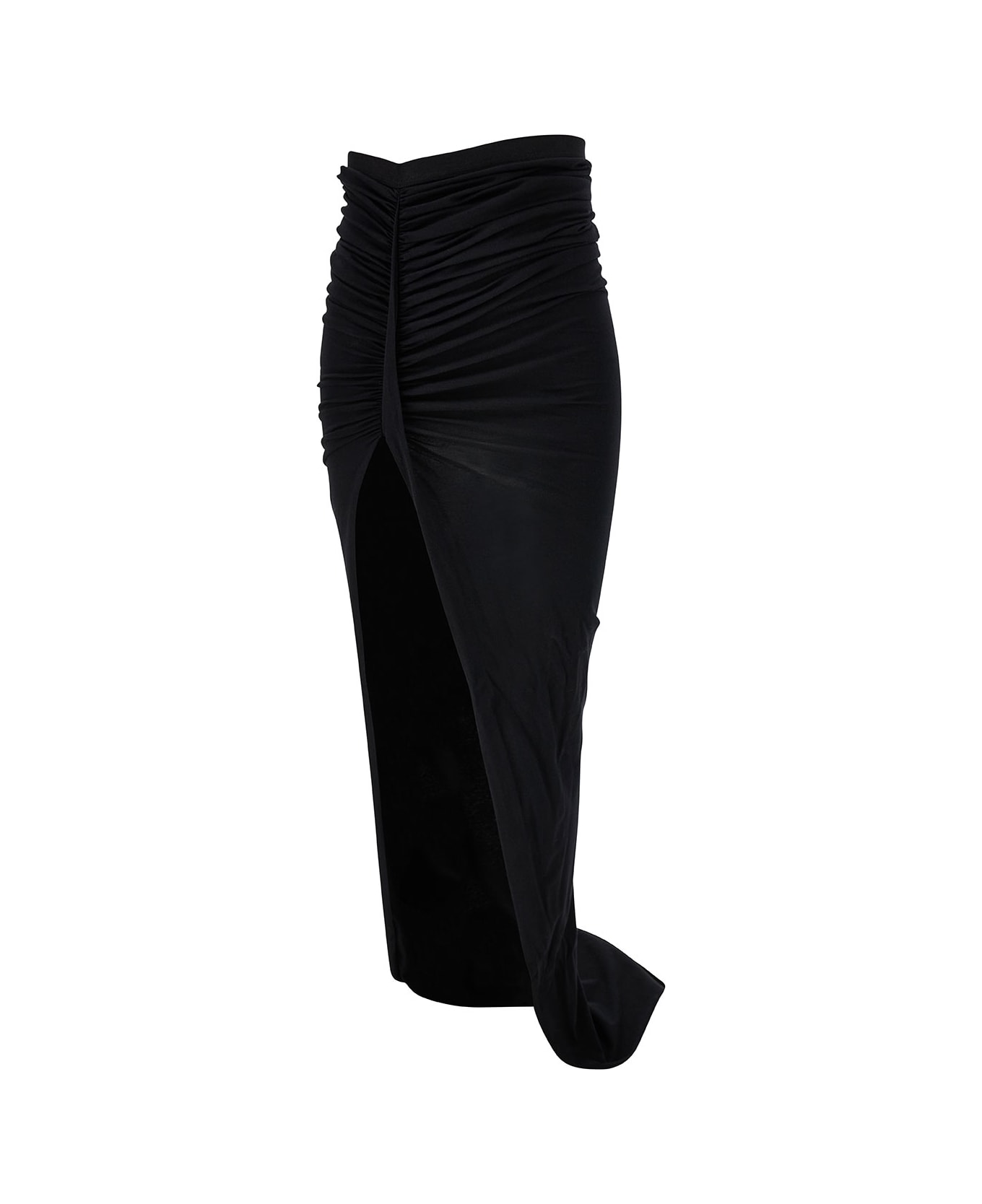 Rick Owens Maxi Black Skirt With Gatherings And Deep Split In Cotton Woman - Black スカート