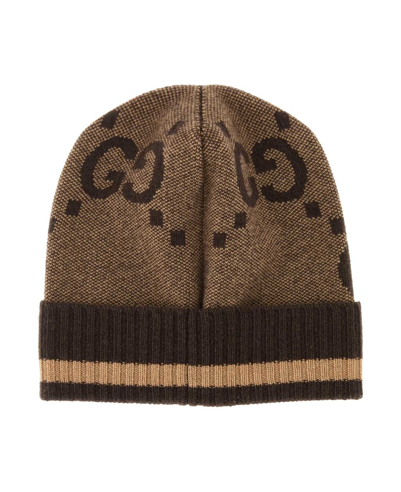 Gucci Embroidered Cashmere Beanie Hat - BEIGEDARKBROWN