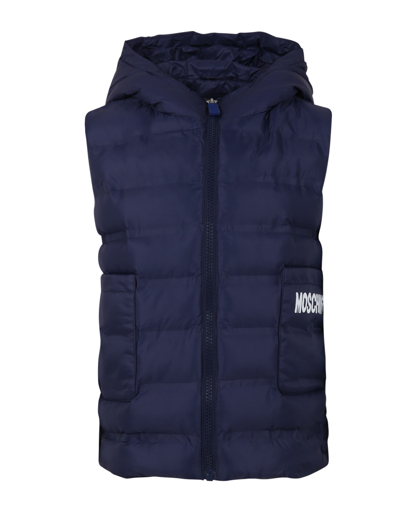 Moschino Bleu Vest For Boy With Teddy Bear And Logo - Blue コート＆ジャケット