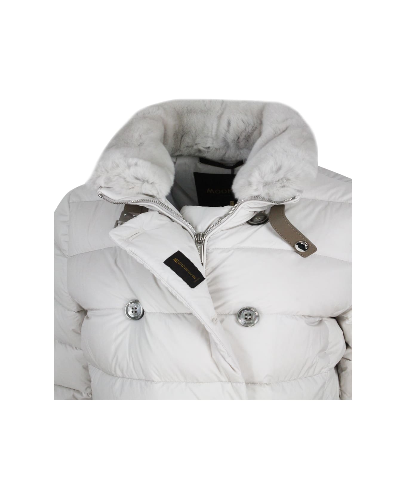 Moorer Long Double-breasted Down Jacket With A Feminine Line Padded With Real Goose Down With Detachable Fur Collar - Ivory