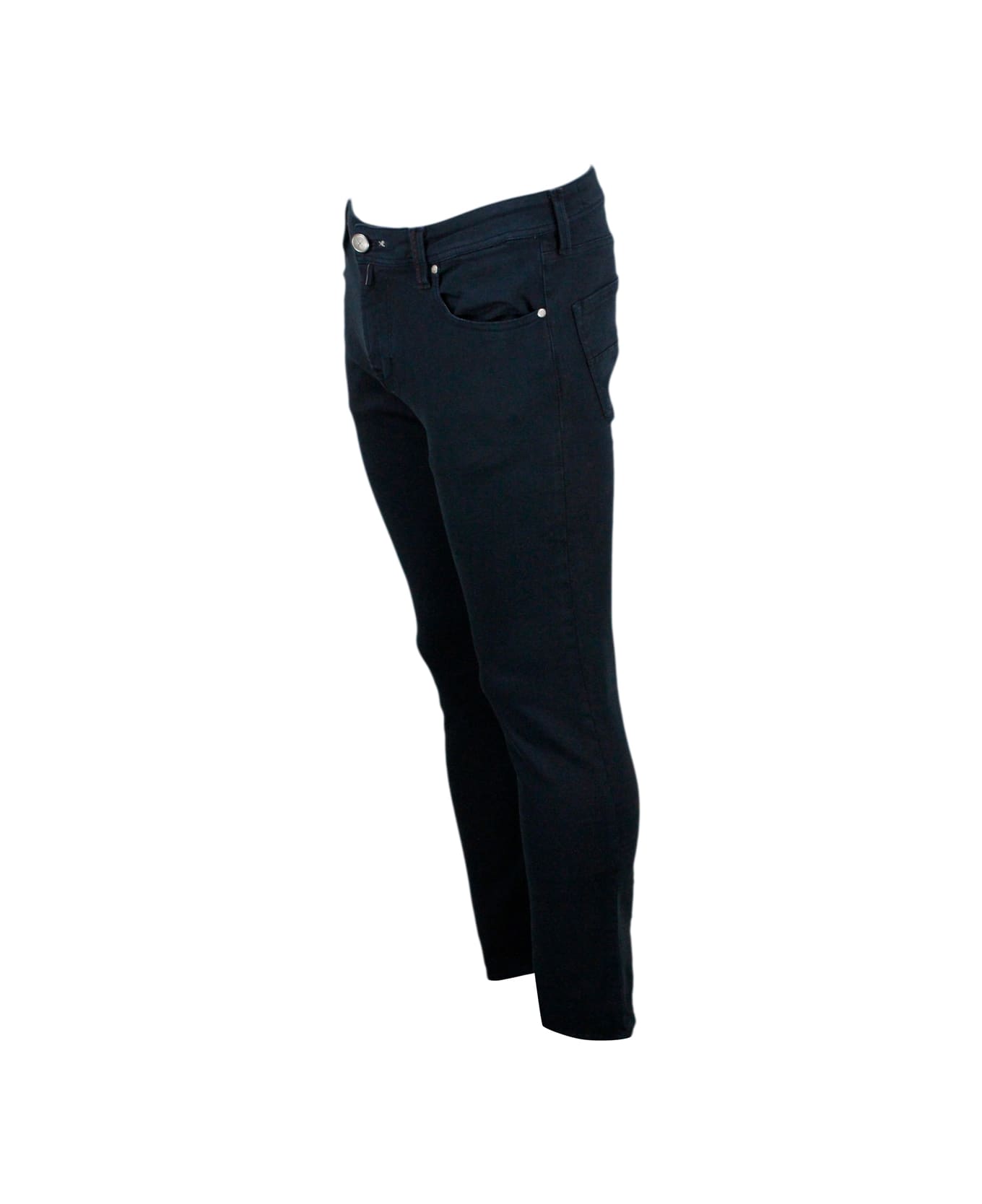 Sartoria Tramarossa Leonardo Zip Trousers In Super Stretch Cotton With 5 Pockets With Tone-on-tone Tailored Stitching And Leather Tab Closure With Zip - Black デニム