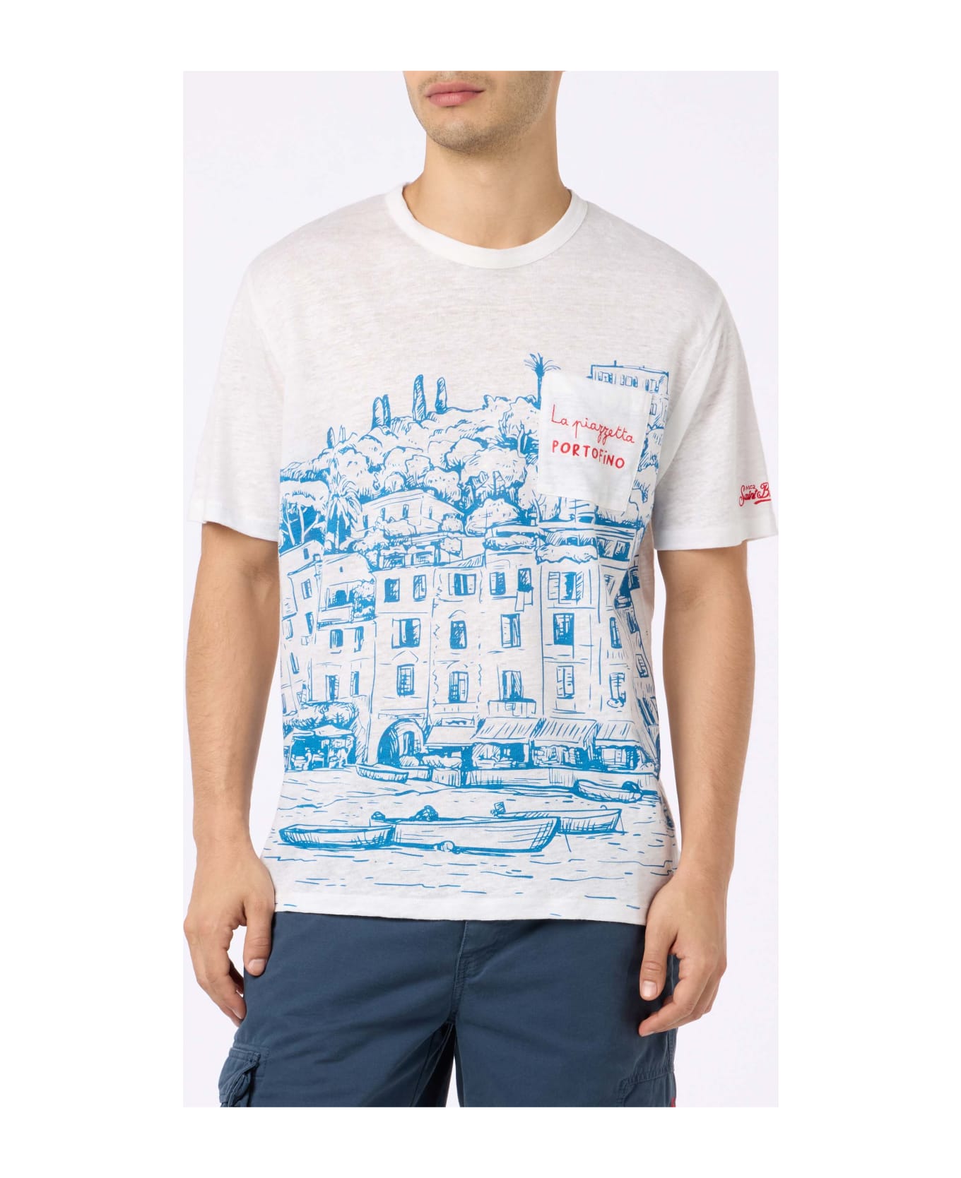 MC2 Saint Barth Man Linen Jersey T-shirt Ecstasea With Portofino Placed Print And Embroidered Pocket - WHITE