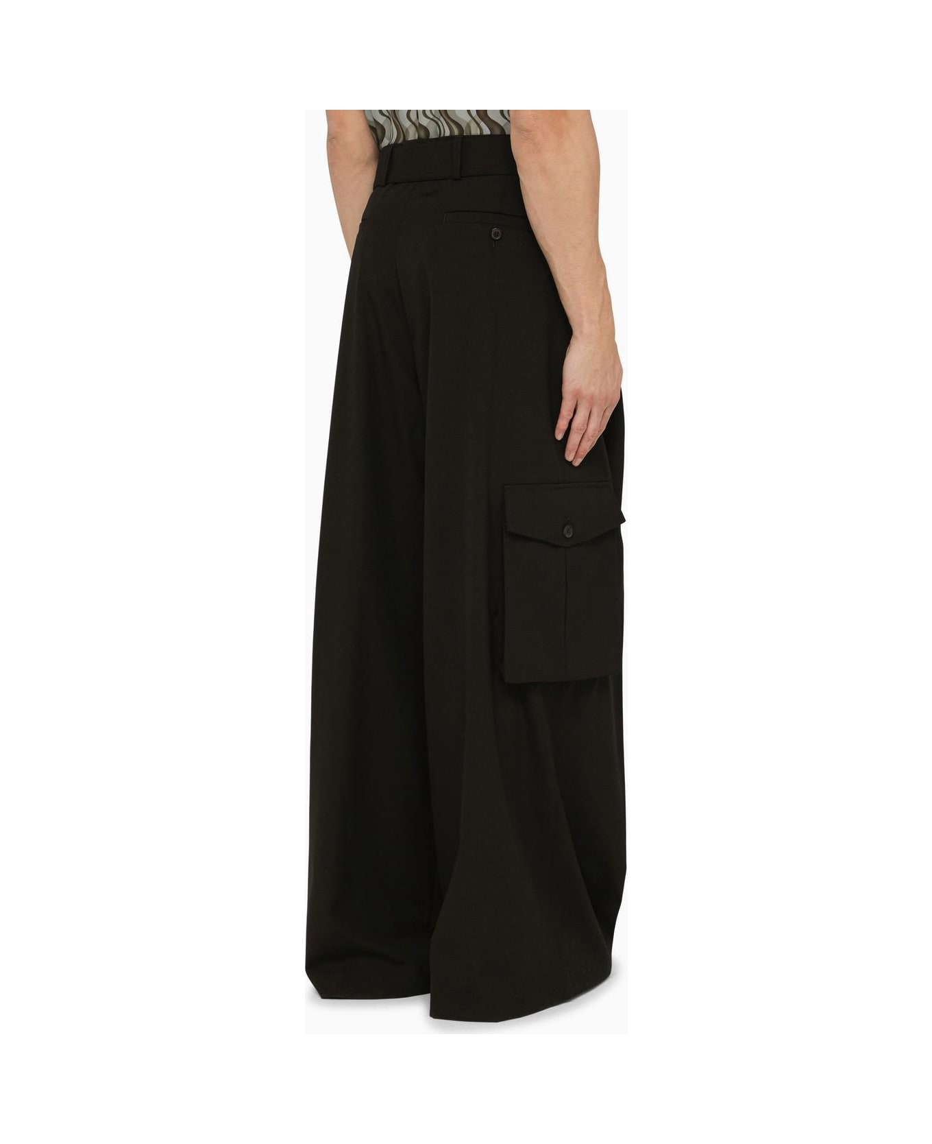 Dries Van Noten Black Wool Wide Trousers With Belt - Black