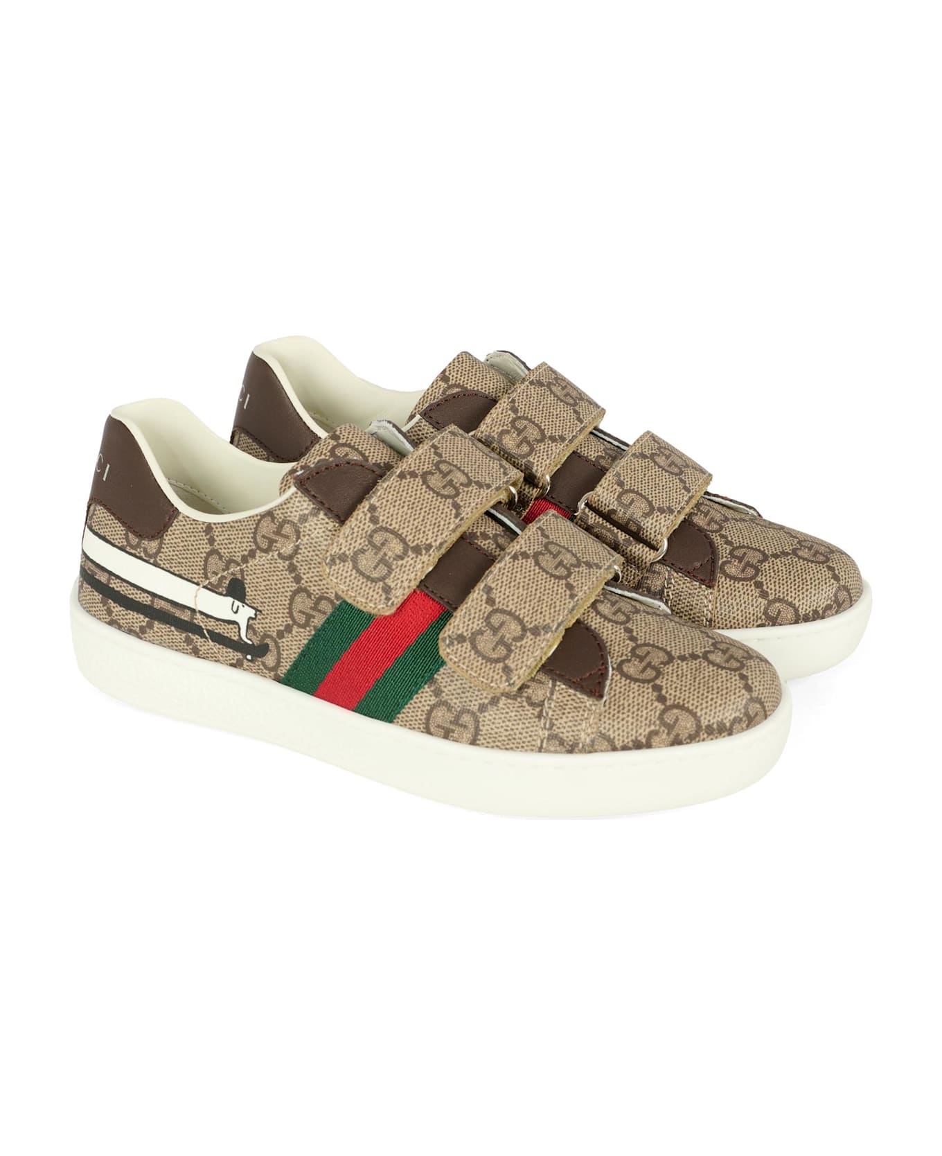 Gucci Beige Ace Sneakers For Kids With Dog - Beige