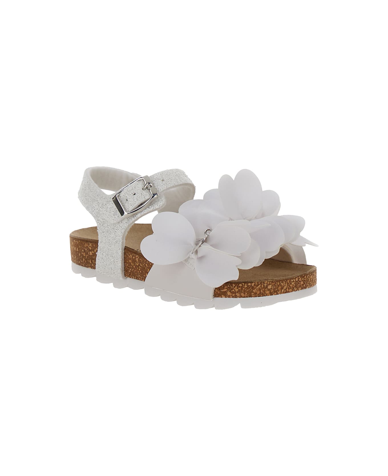 Monnalisa White Sandals With Petals And Glitters In Polyurethane Girl - White