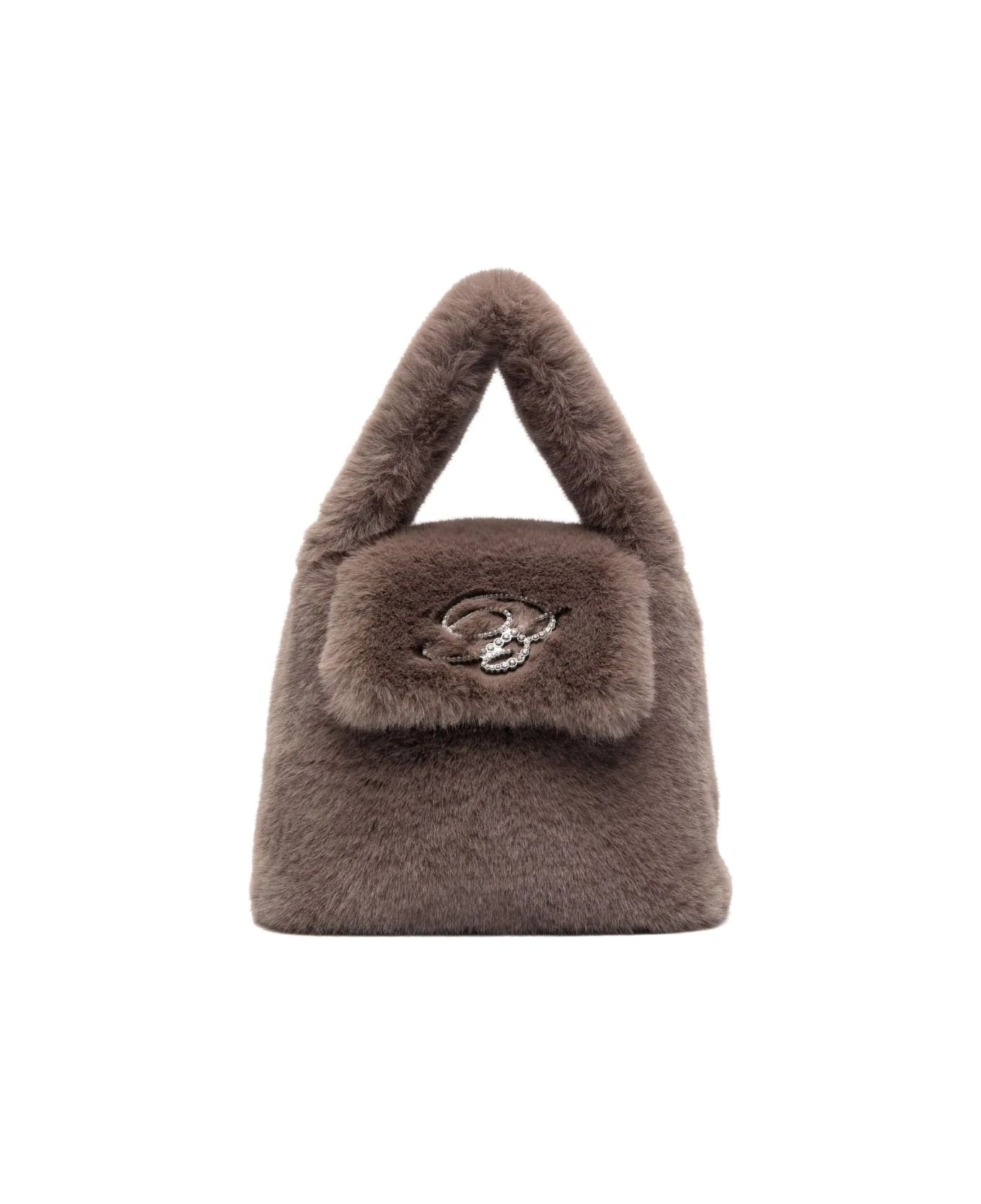 Blumarine Green Faux Fur Mini Bag With Flap And Logo - Dove Grey