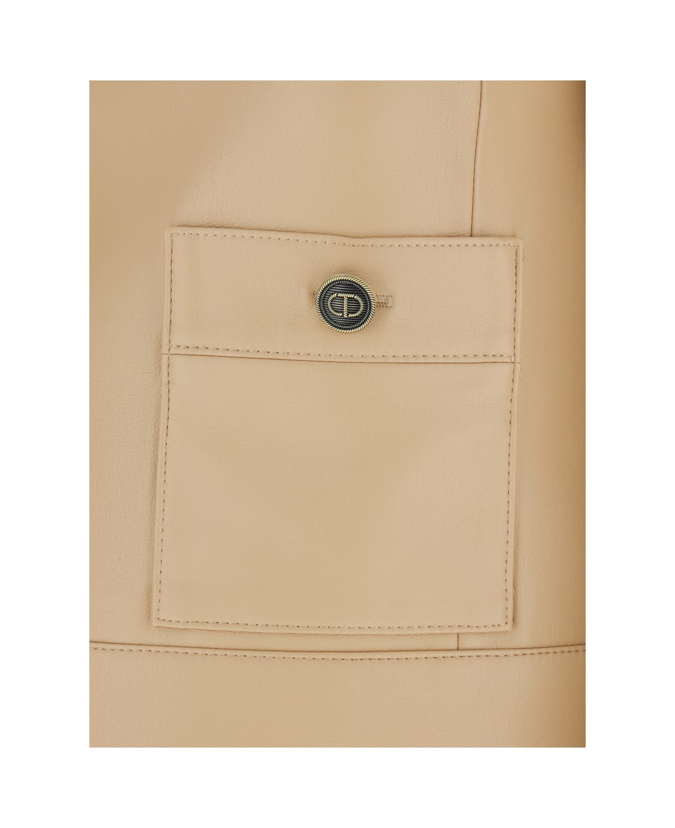 TwinSet Beige Crewneck Jacket With Logo Buttons In Leather Woman - Beige