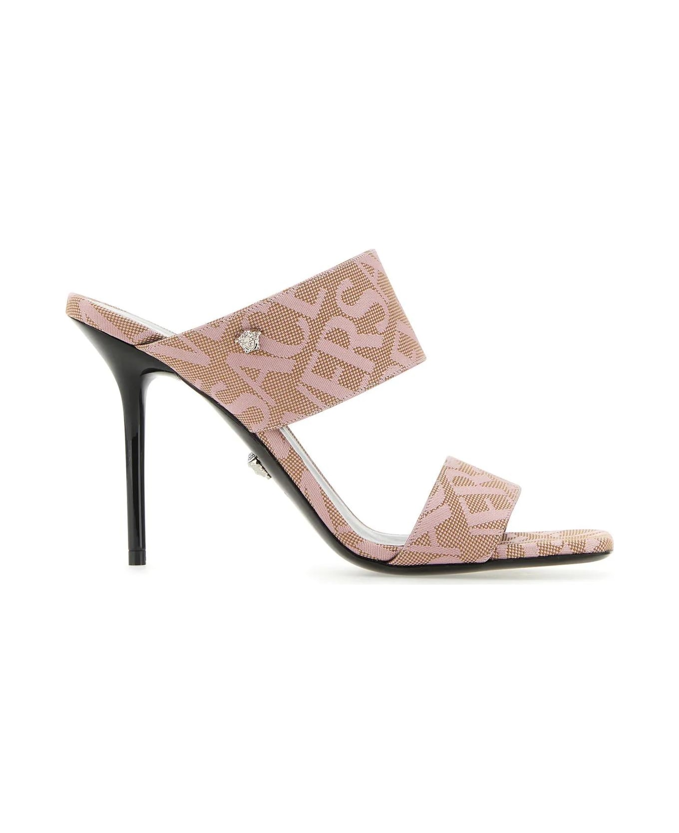 Versace Embroidered Jacquard Cavas Allover Mules - Pink
