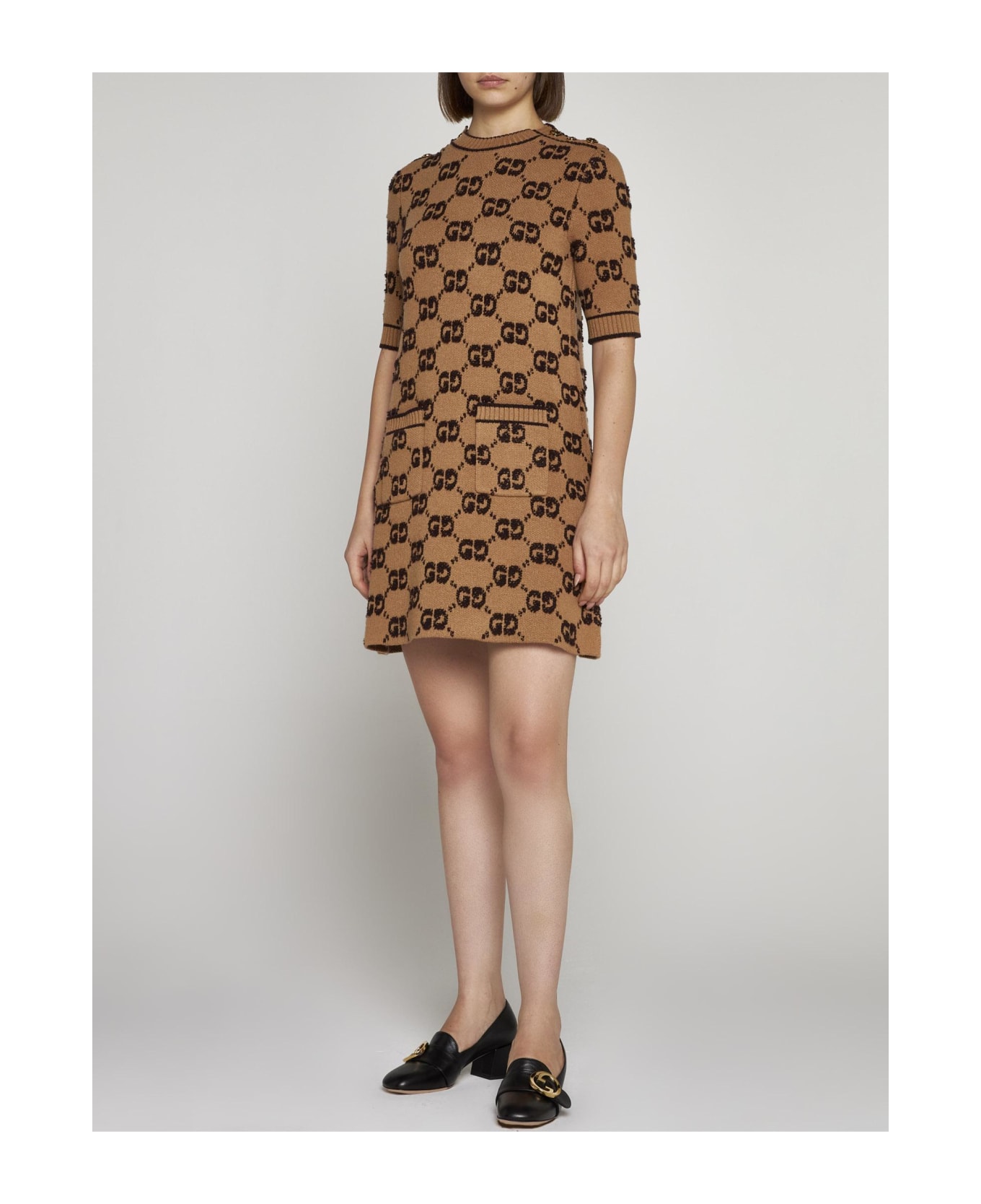 Gucci Gg Wool Knit Mini Dress - Camel