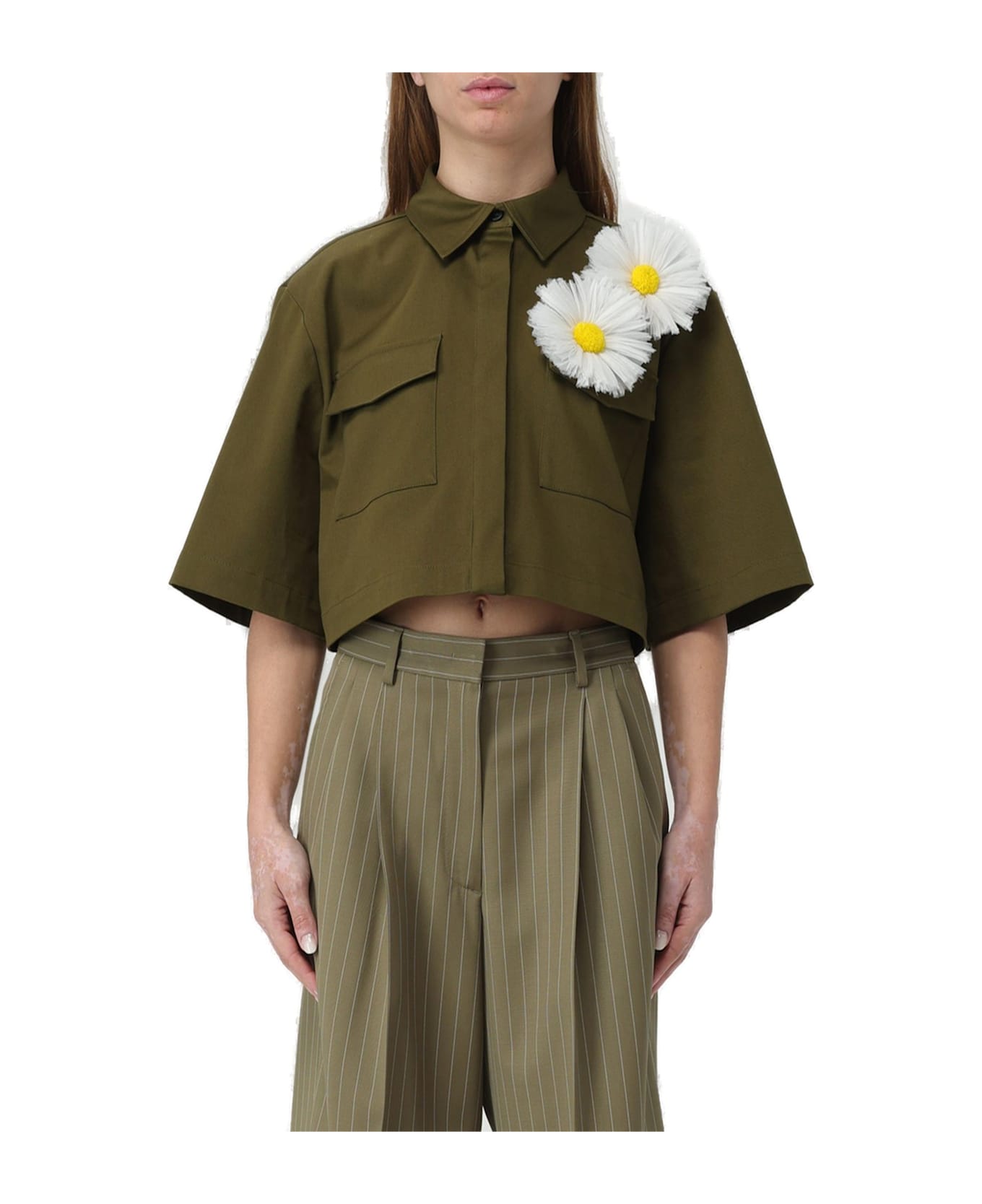 MSGM Floral Patch Cropped Shirt - Military Green