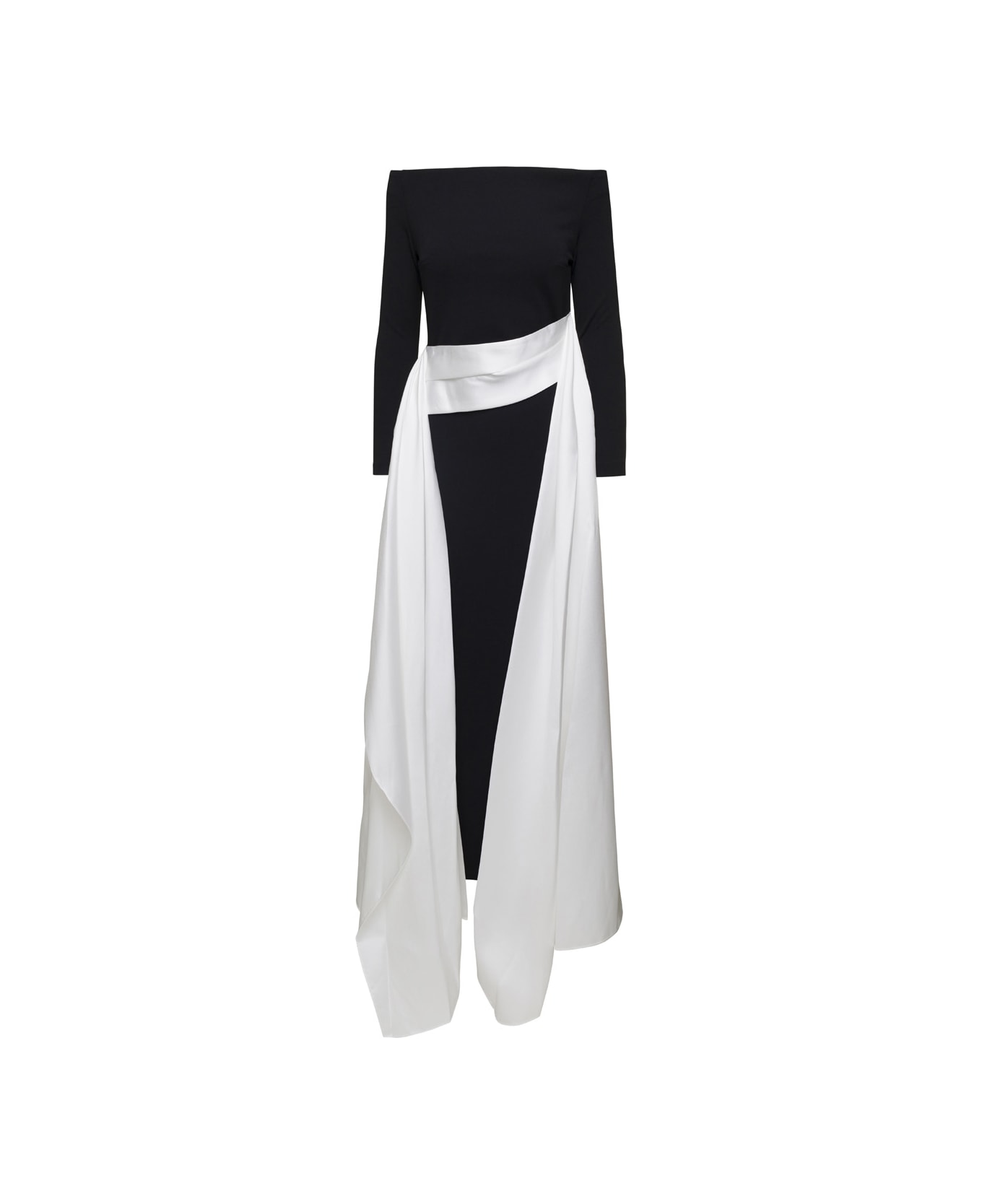 Solace London Black And White Long Dress With Train In Techno Fabric Stretch Woman - Black