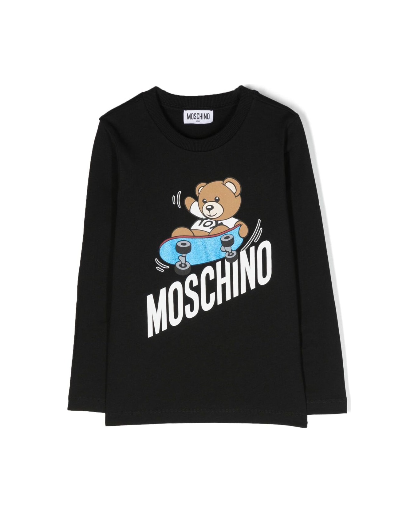Moschino Black T-shirt Wiith Long Sleeves And Maxi Print In Cotton Boy - Black