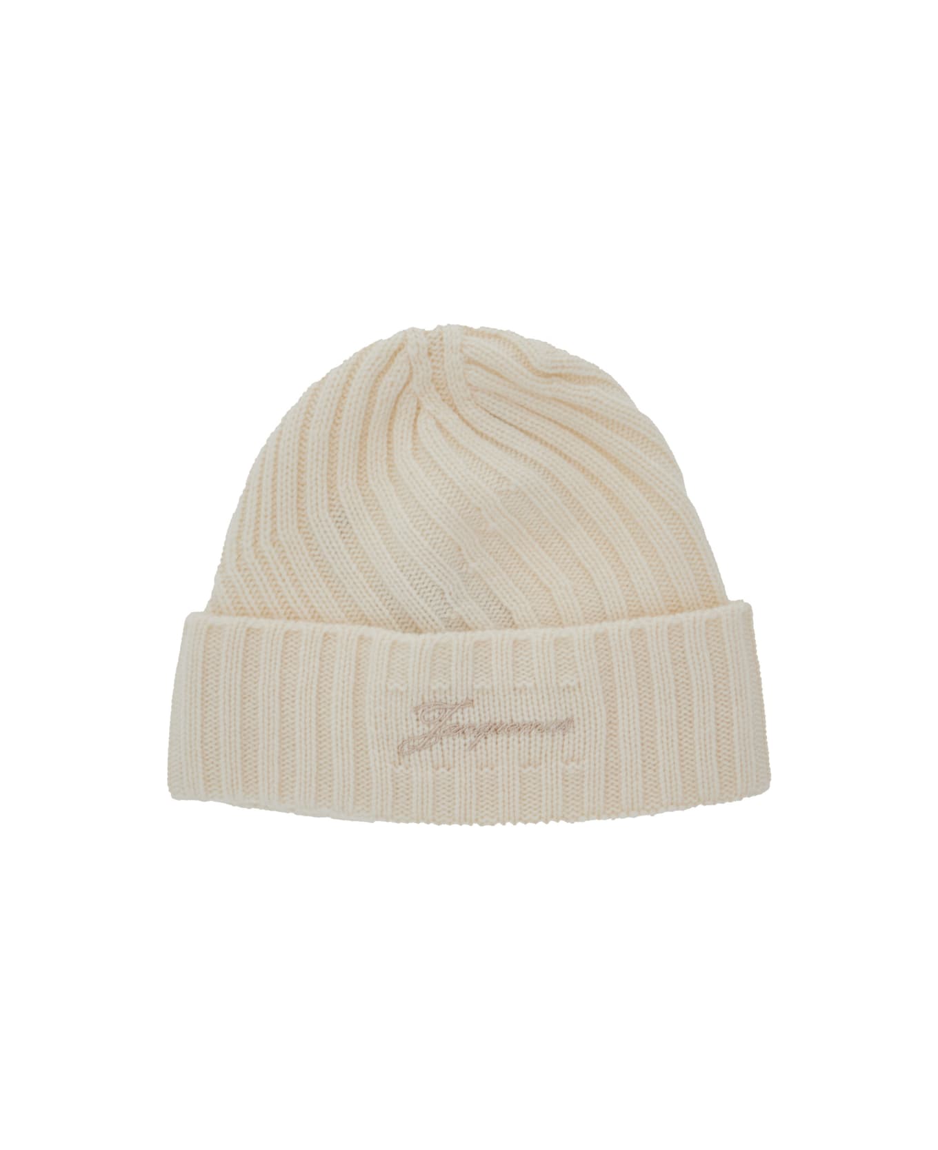 Jacquemus 
le Bonnet Tourni
 White Beanie With Turn-up Brim And Logo Lettering On The Front In Wool Man - White