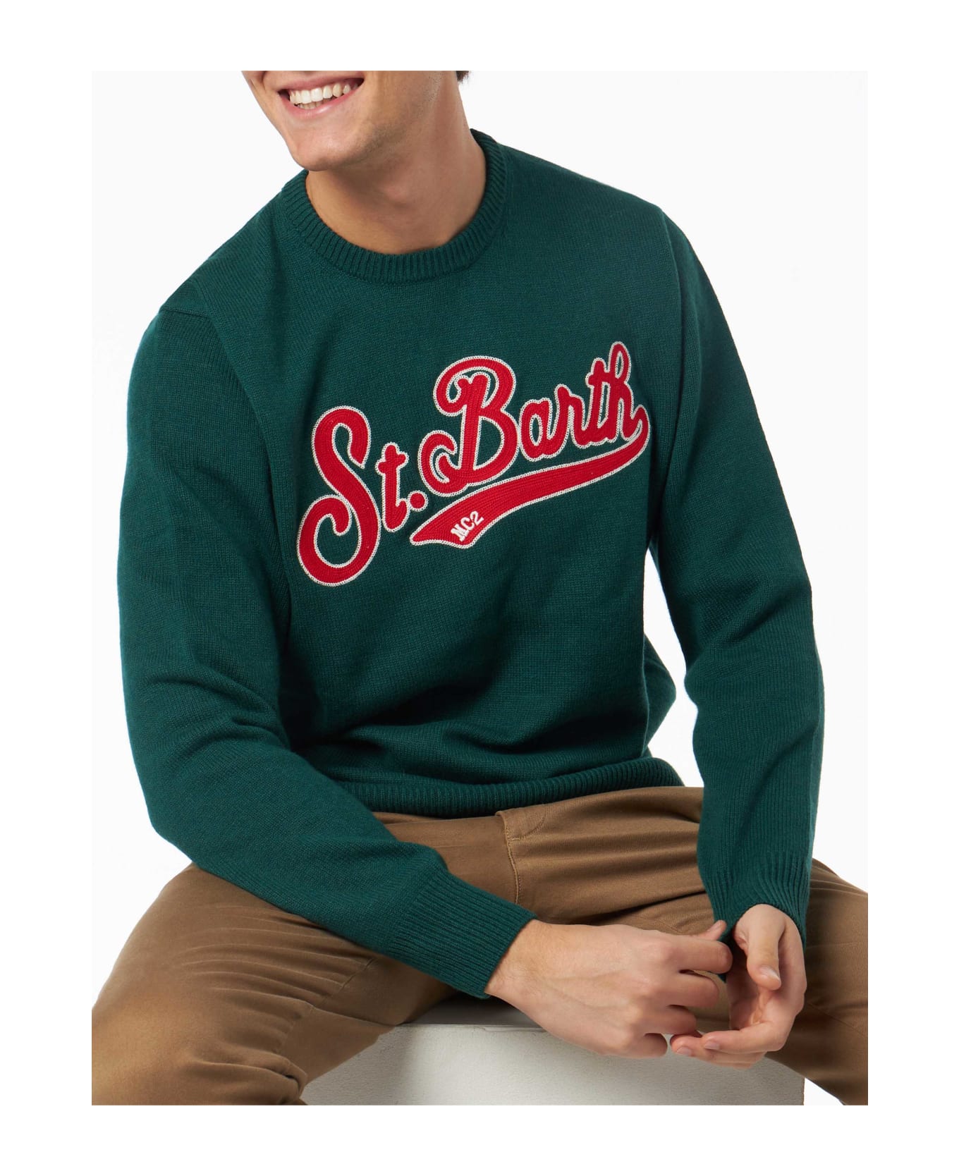 MC2 Saint Barth Man Crewneck Green Sweater With St. Barth Embroidery - GREEN