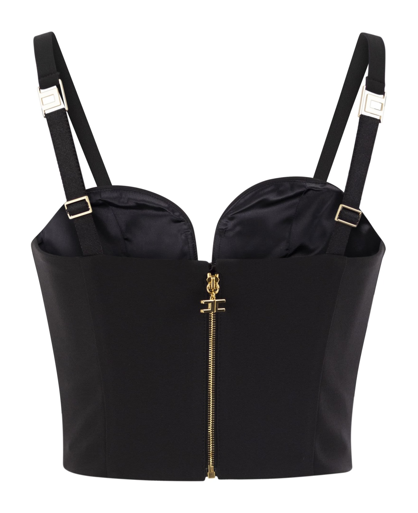Elisabetta Franchi Stretch Crepe Bustier Top With Enamelled Logo Plaque - Black