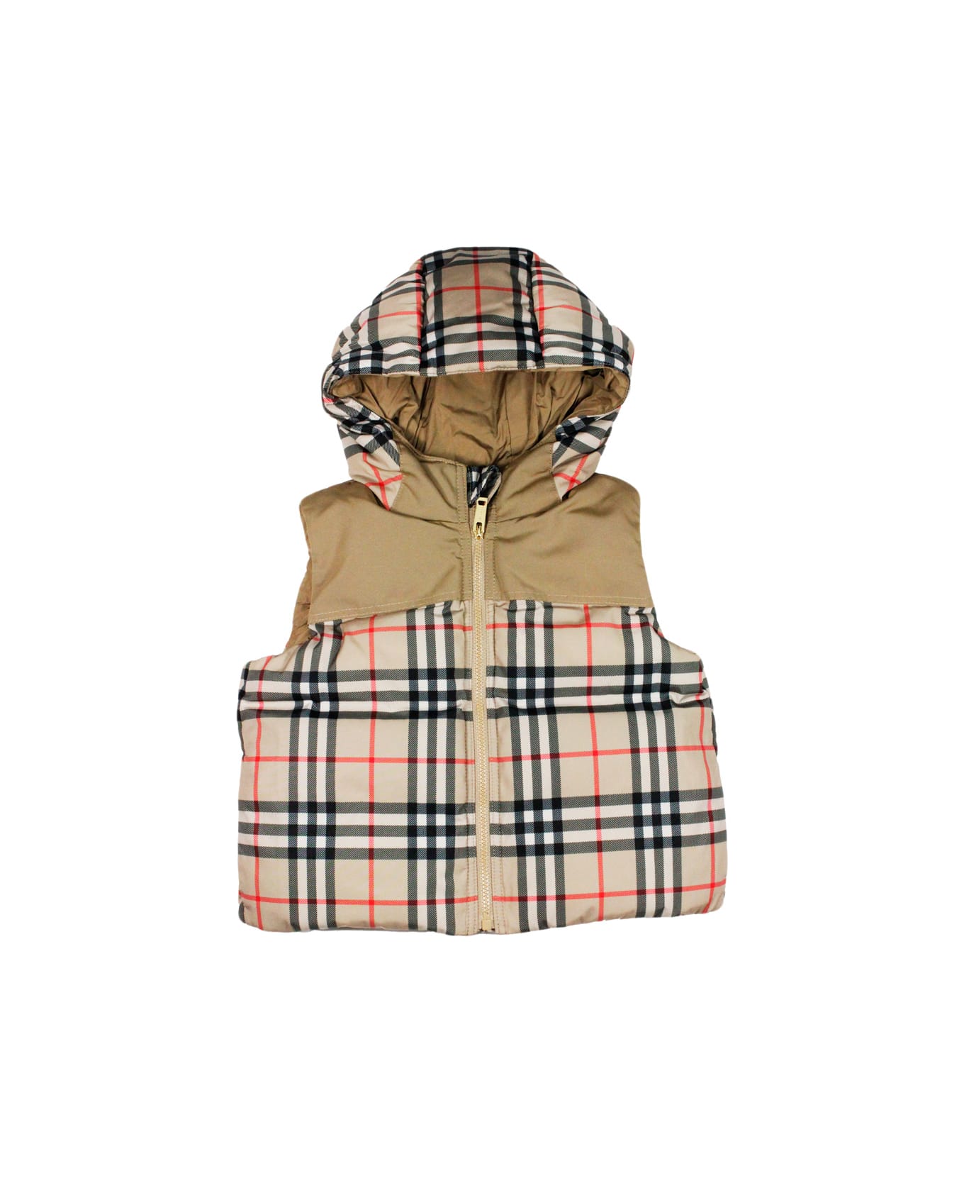 Burberry Padded Sleeveless Gilet With Hood And Zip Closure - Beige