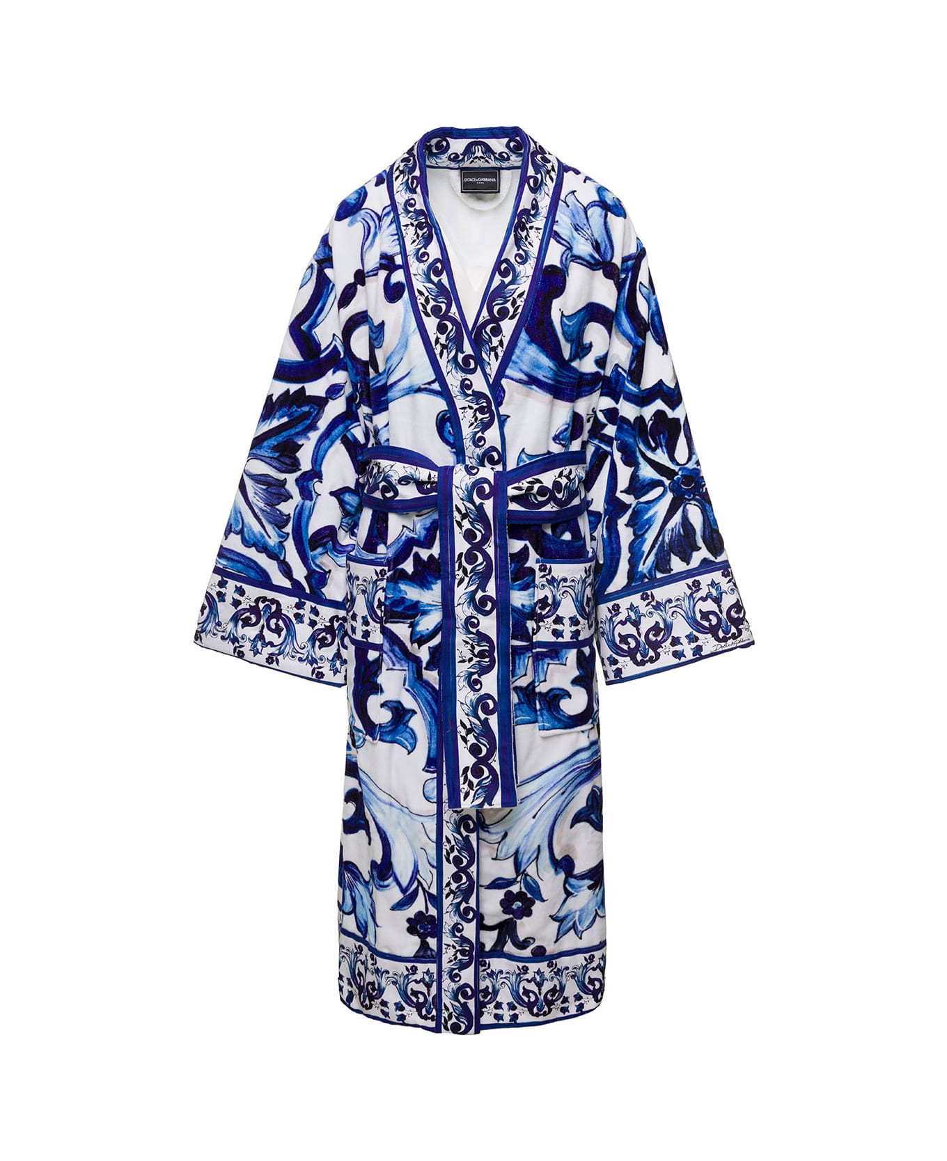 Dolce & Gabbana Multicolor Kimono Bathrobe With All-over Blu Mediterraneo Print In Cotton Dolce & Gabbana - Blu