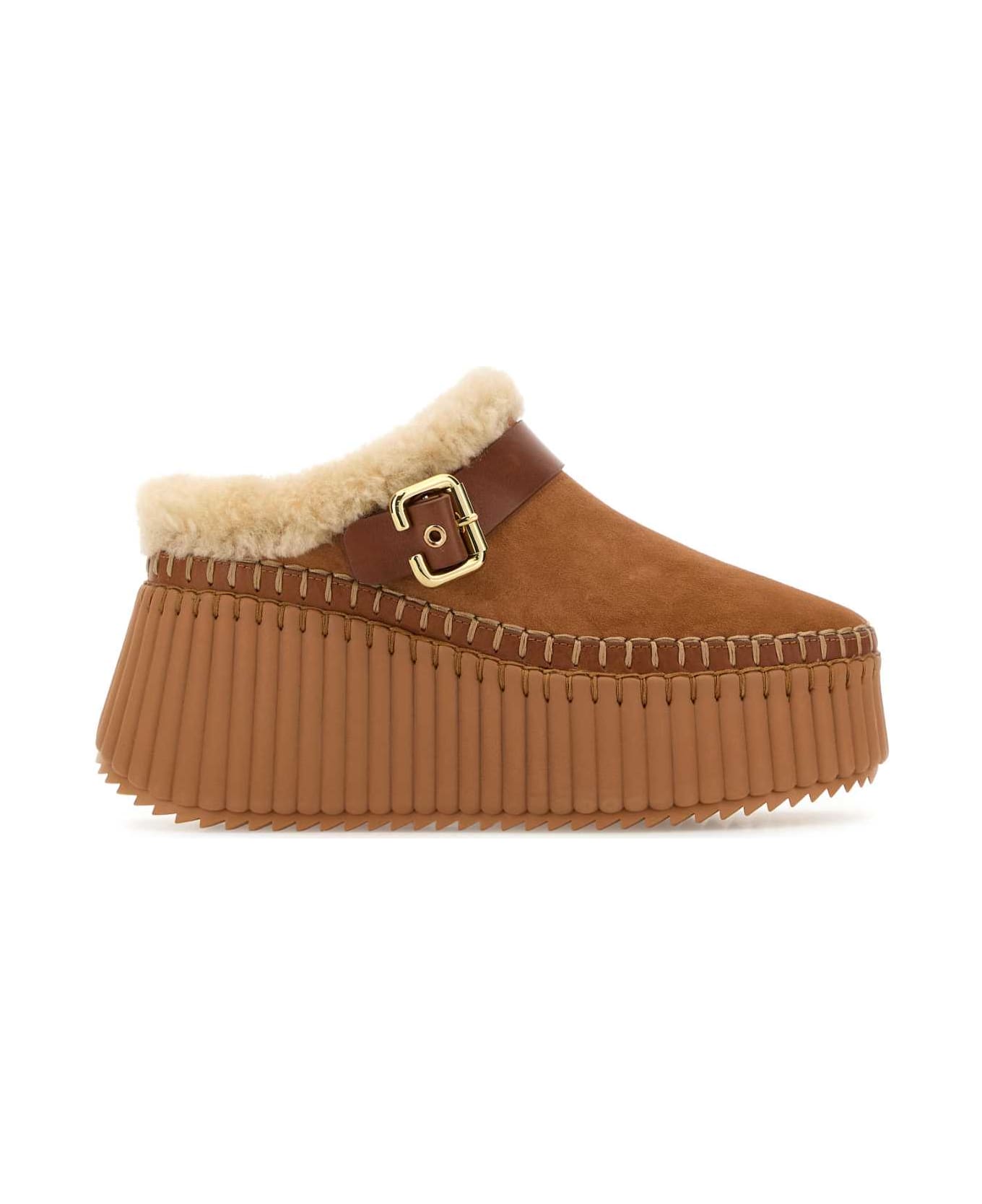 Chloé Camel Suede Nama Slippers - POTTERYBROWN