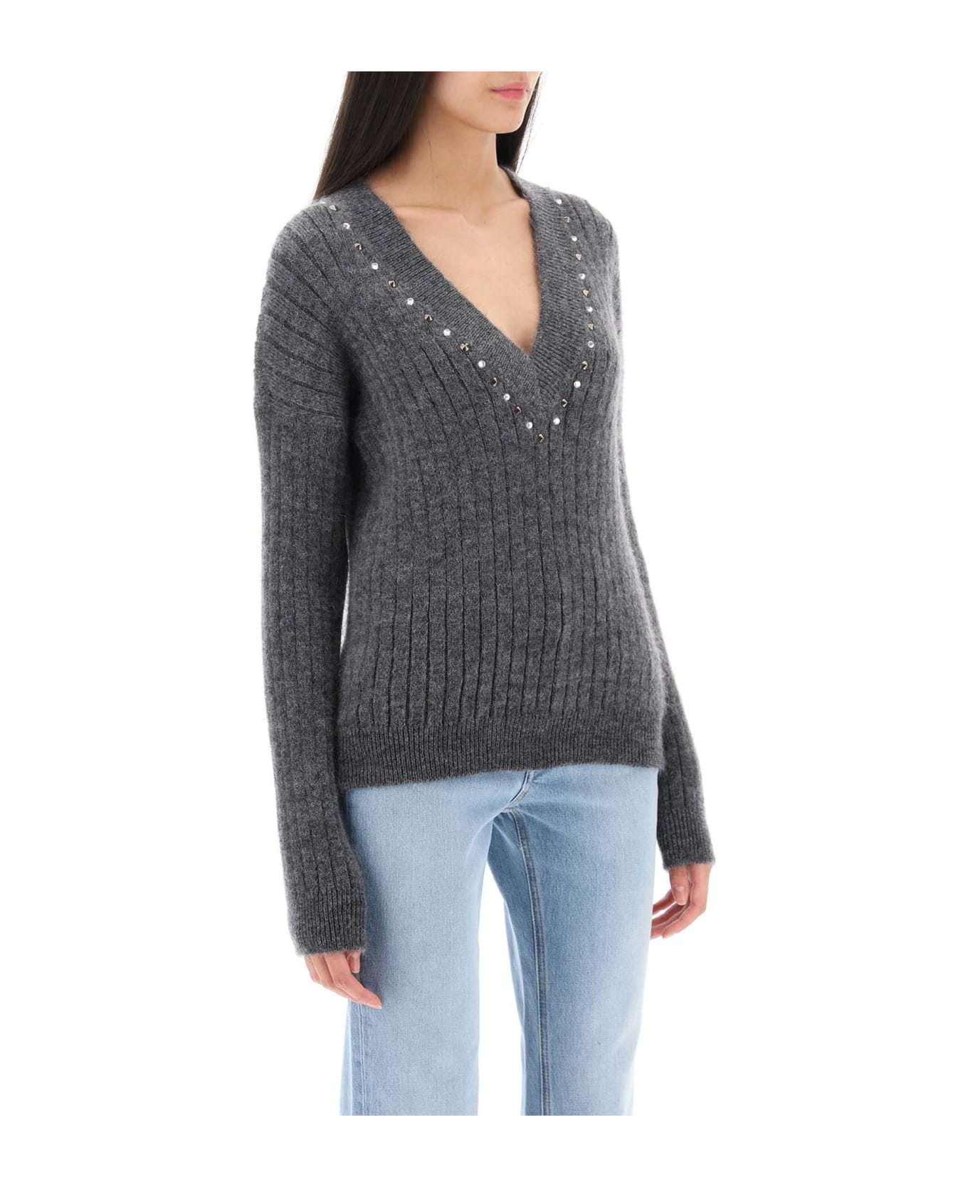 Alessandra Rich Wool Knit Sweater With Studs And Crystals - GREY MELANGE (Grey)