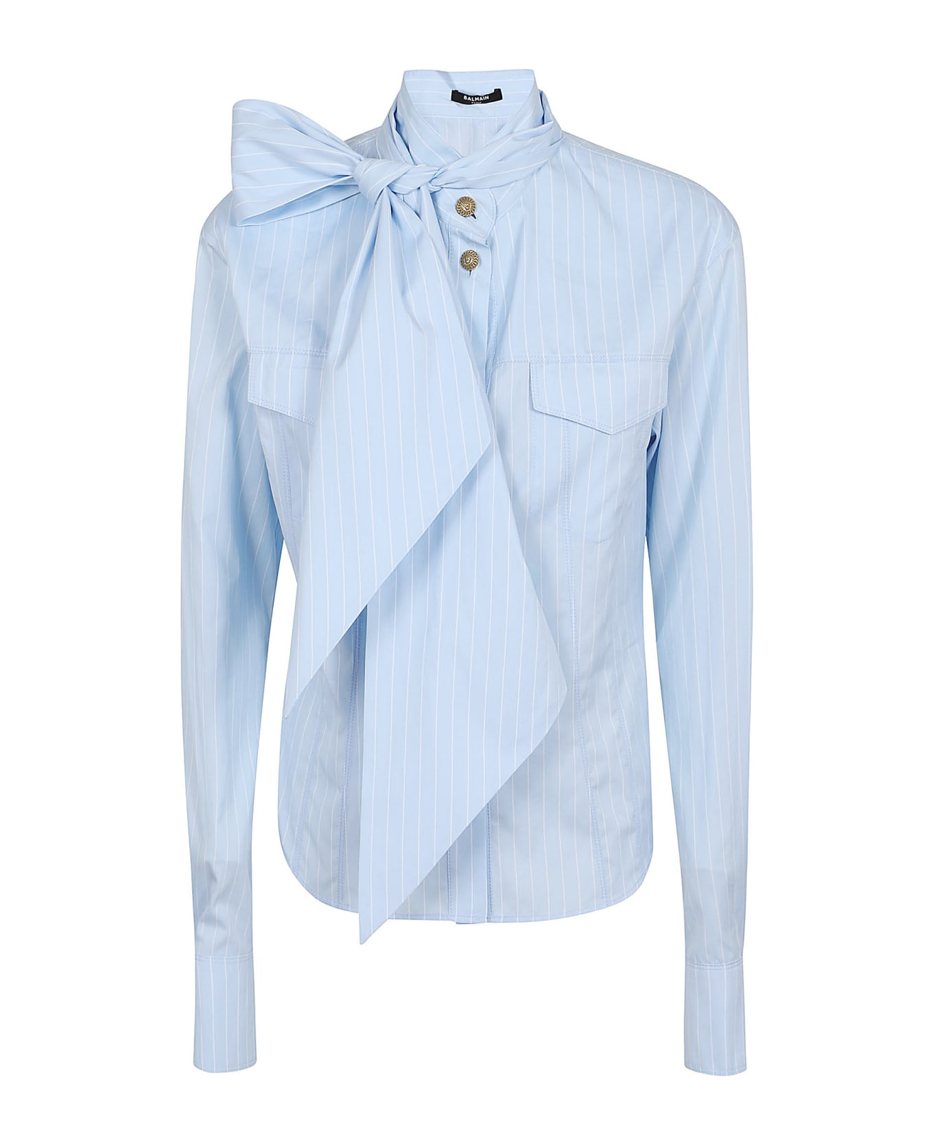 Balmain Pussy Bow Striped Cotton Popeline Shirt - Slj Bleu Pale Blanc