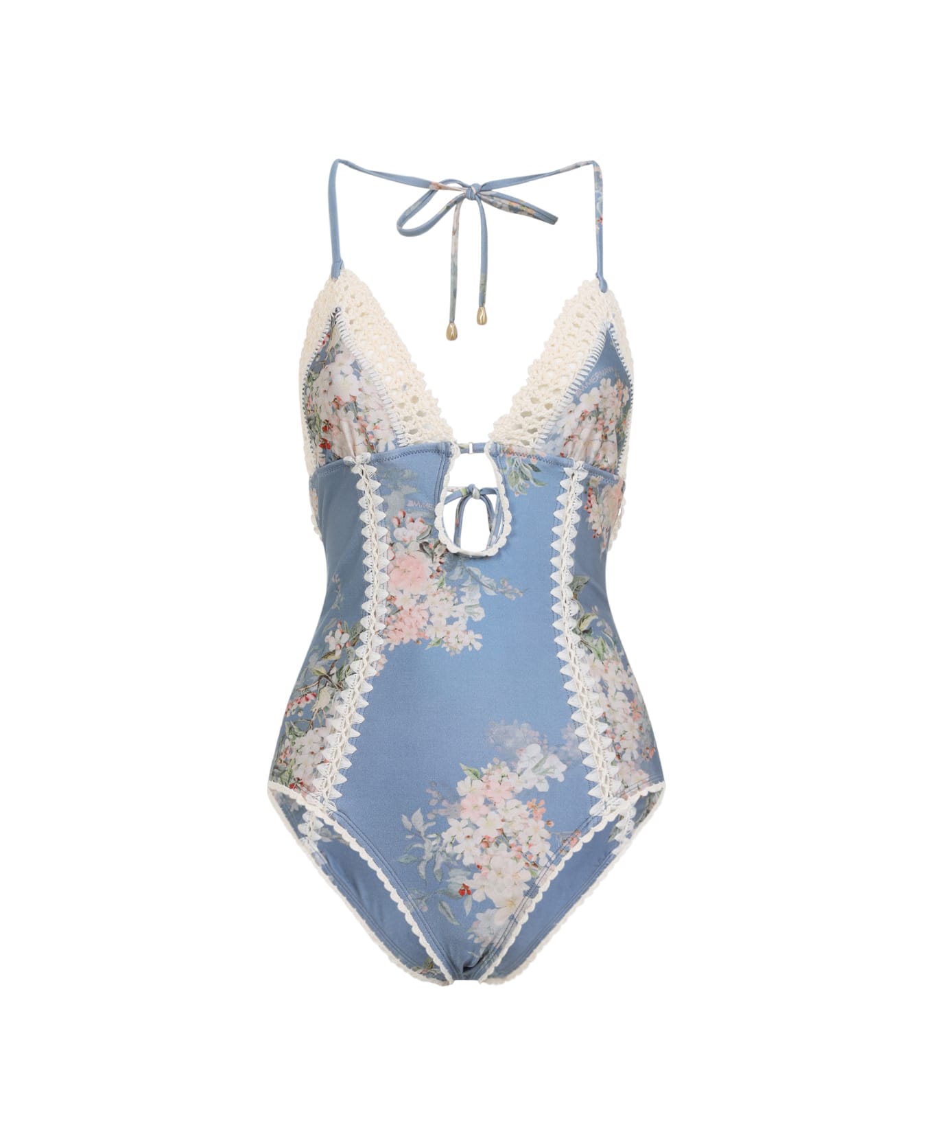 Zimmermann Cascadian Keyhole Crochet One-piece - Teal Blue Botanical Floral