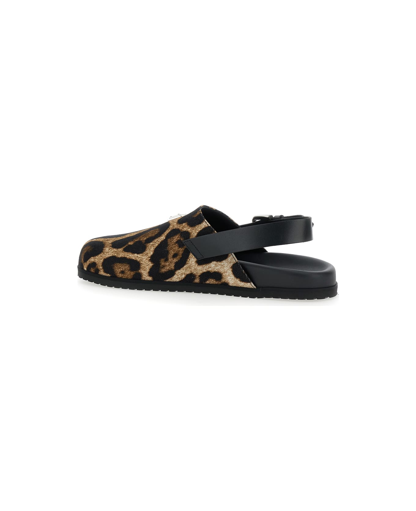 Dolce 
Gabbana Brown Mules With Logo Plaque On The Front And Leopard Motif In Leather And Cotton Blend Man - Brown