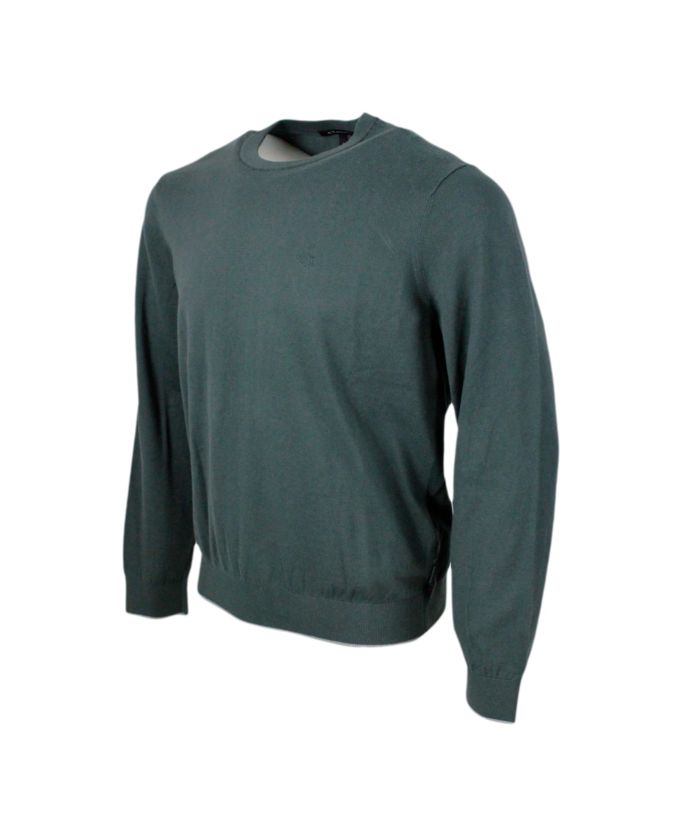 Armani Collezioni Lightweight Long-sleeved Crew-neck Sweater Made Of Warm Cotton And Cashmere With Contrasting Color Profiles At The Bottom And On The Cuffs - Verde urban chic ニットウェア