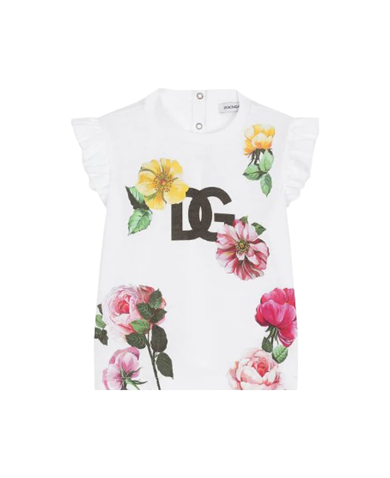 Dolce & Gabbana Jersey T-shirt With Flower Print And Dg Logo - White Tシャツ＆ポロシャツ