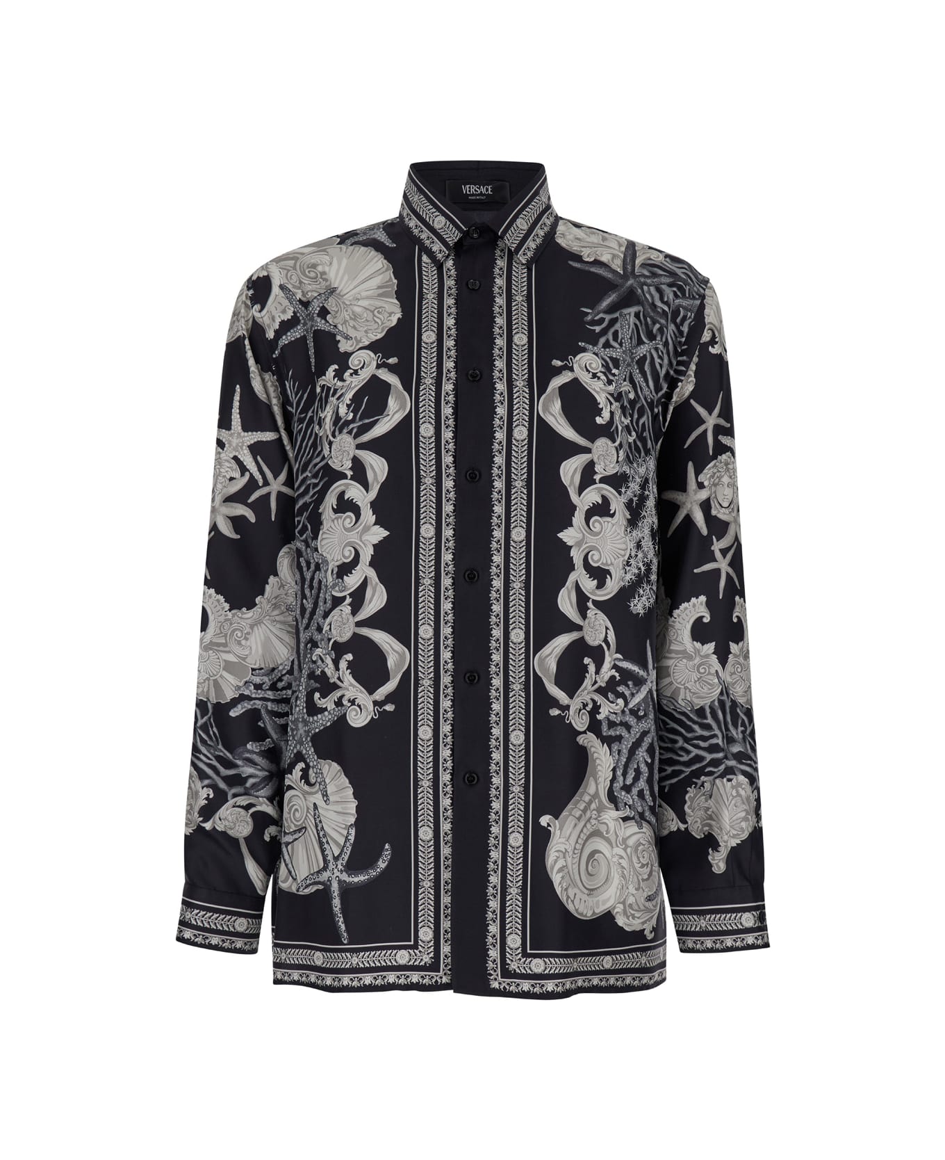 Versace Sea Printed Long Sleeved Buttoned Shirt - Black