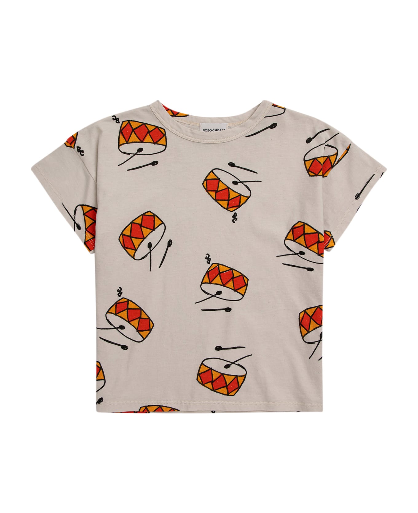 Bobo Choses Ivory T-shirt For Boy With All-over Drums - Ivory Tシャツ＆ポロシャツ