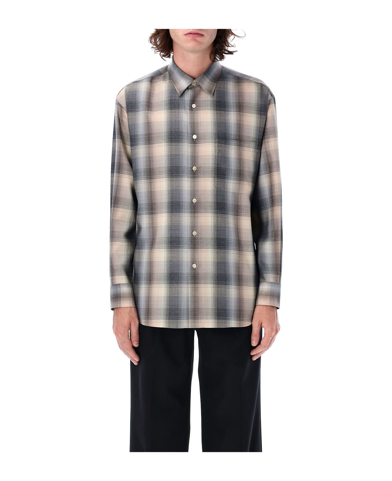 Auralee Super Light Wool Check Shirt - BEIGE BLU CHECK