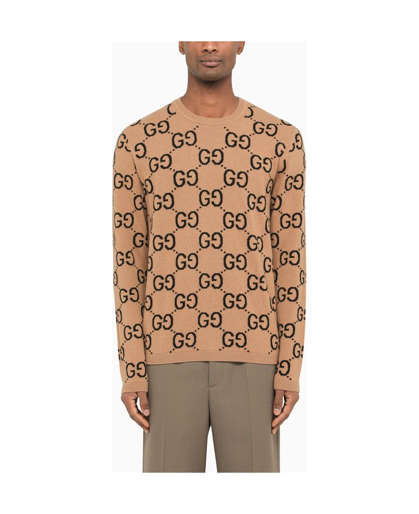 Gucci Sweater In Wool Gg Camel - Camel ニットウェア