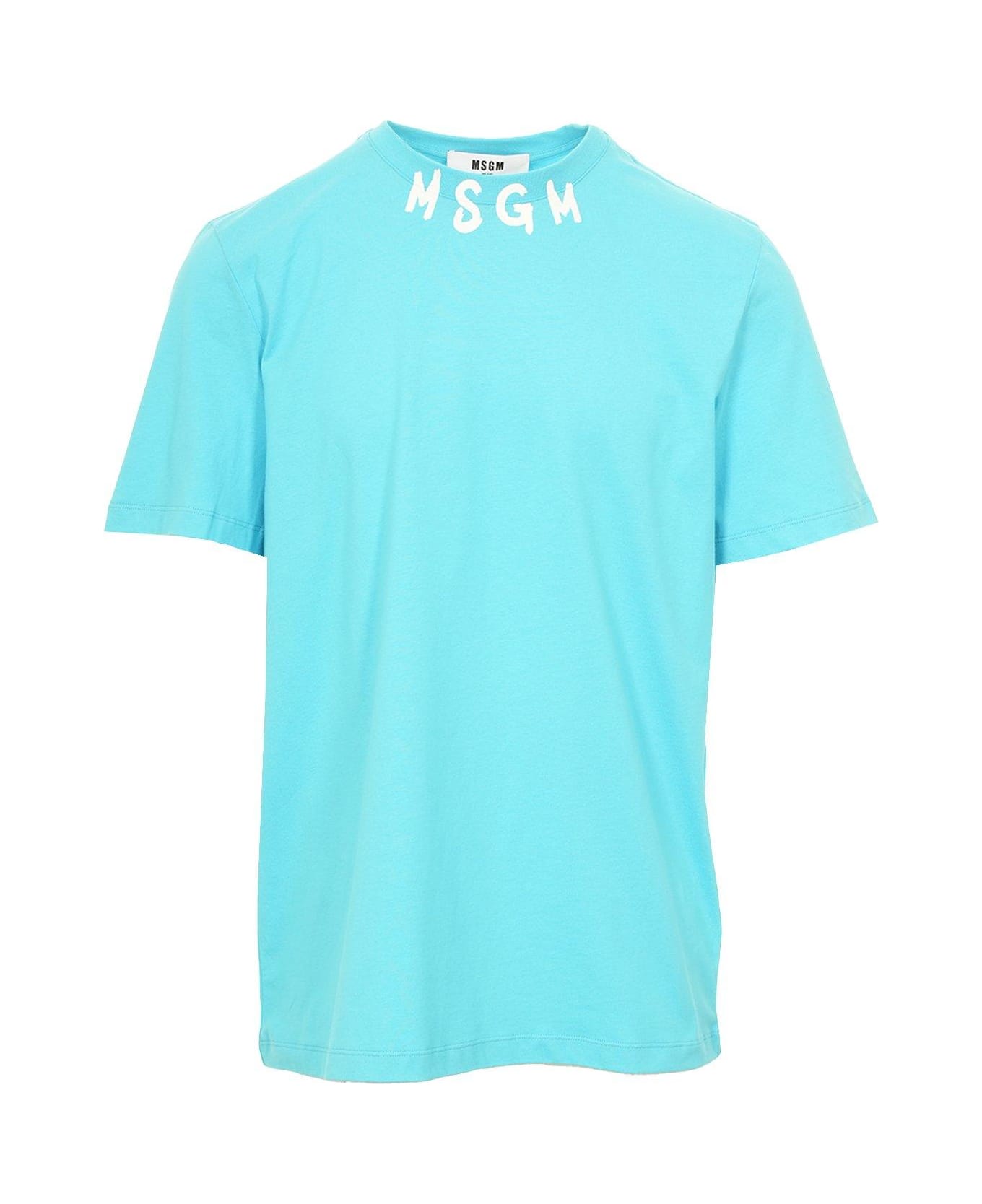 MSGM Logo Printed Crewneck T-shirt - Clear Blue