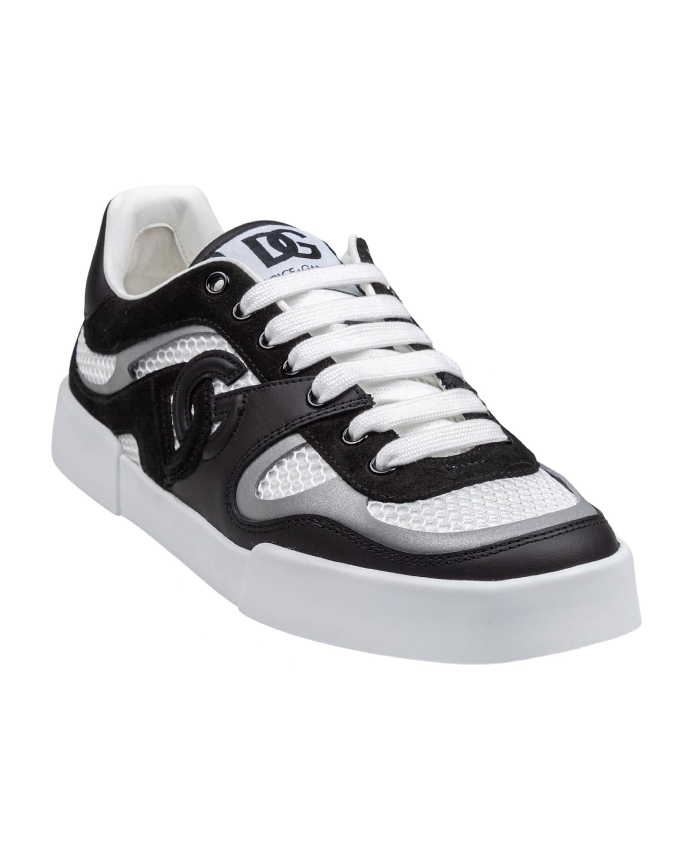Dolce & Gabbana Portofino Strobel Light Sneakers In Leather And Fabric Color Black And White - white/black