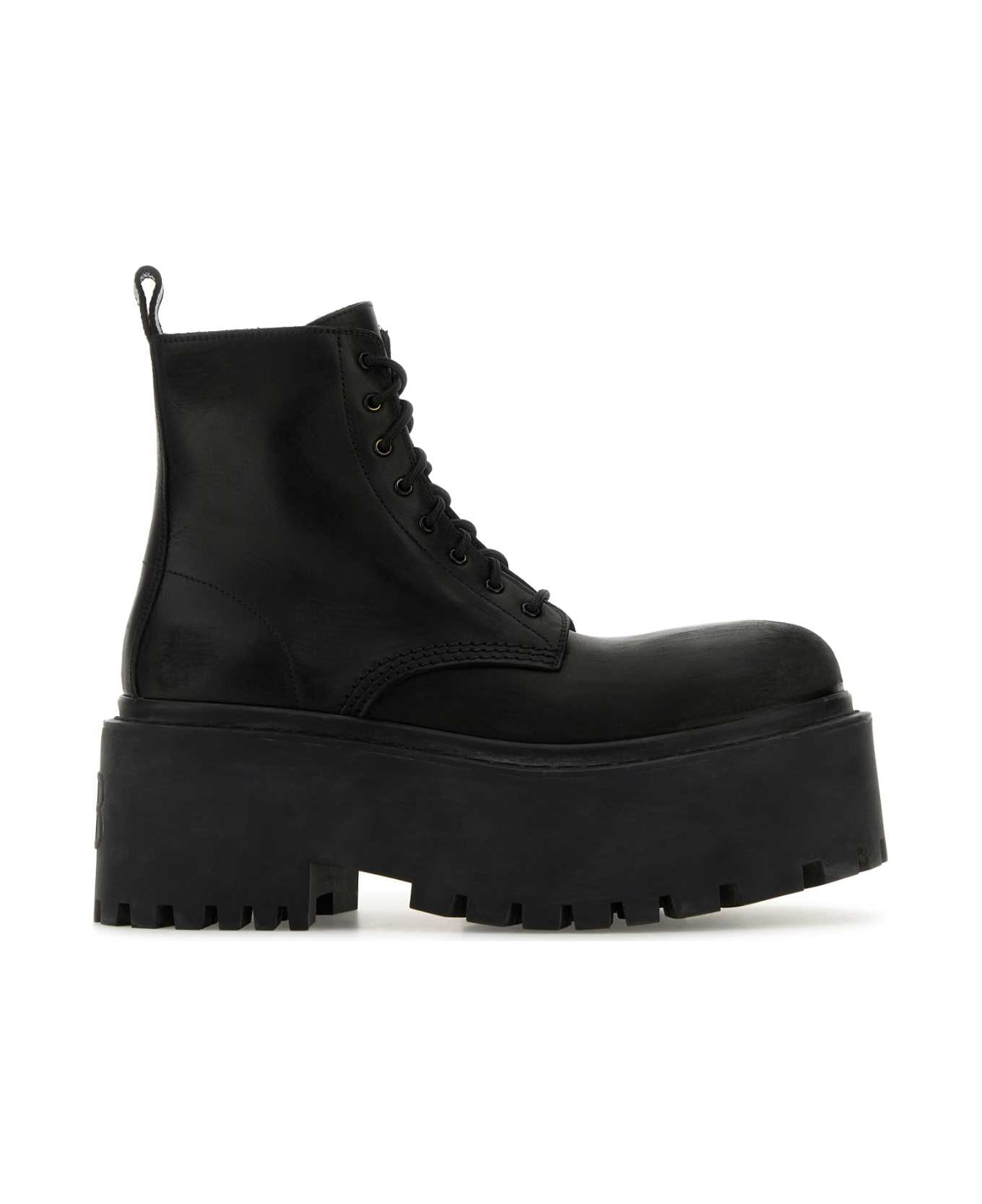 Balenciaga Black Leather Strike Ankle Boots - Black