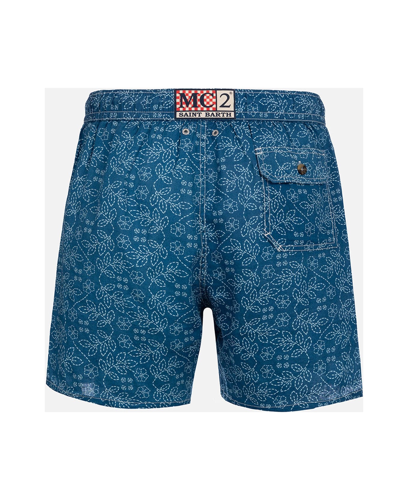 MC2 Saint Barth Man Mid-length Linen Swim-shorts Gustavia With Sashiko Print - BLUE