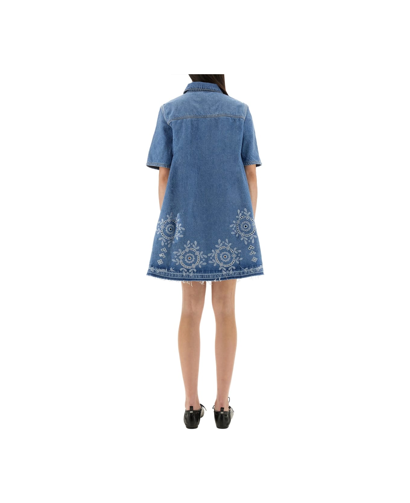 Ganni Mini Dress With Sangallo Embroidery - DENIM