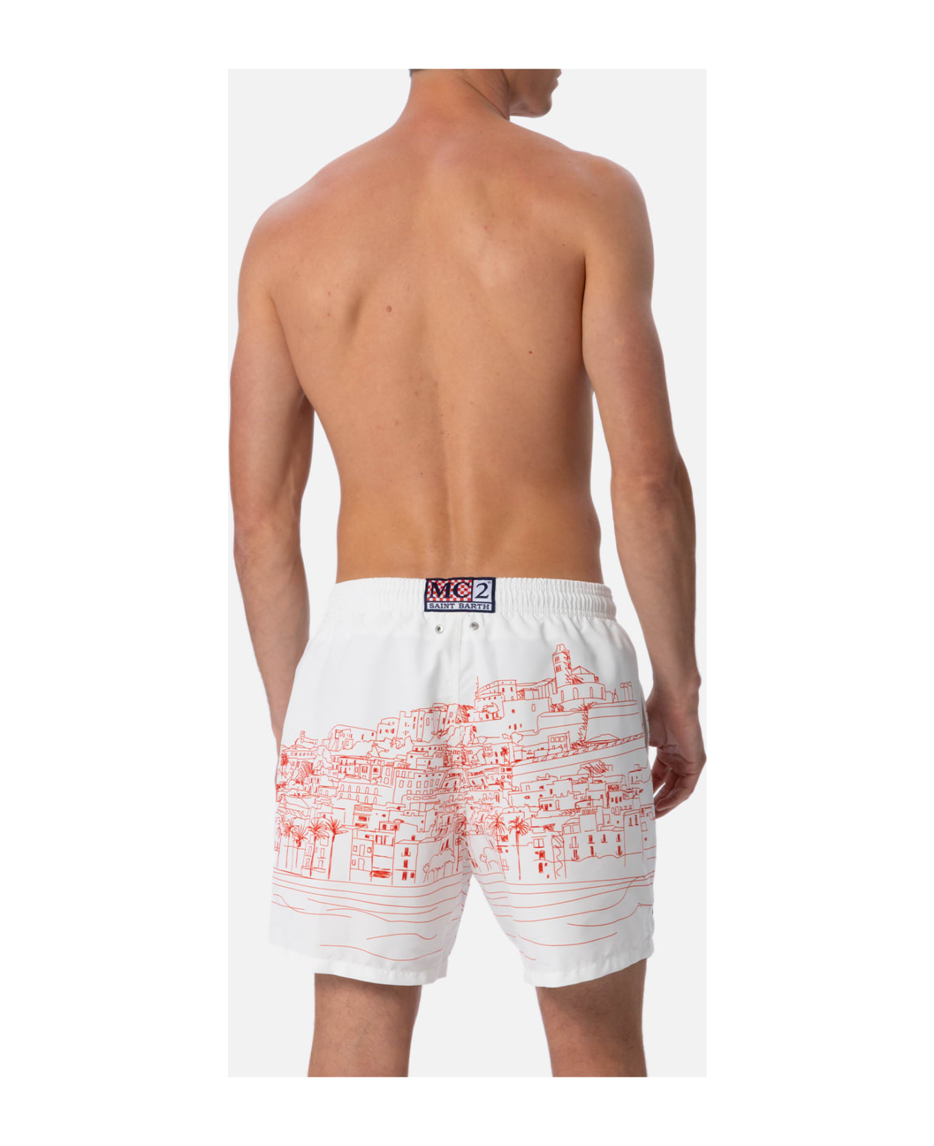 MC2 Saint Barth Man Mid-length Gustavia Swim-shorts With Ibiza Placed Print - WHITE