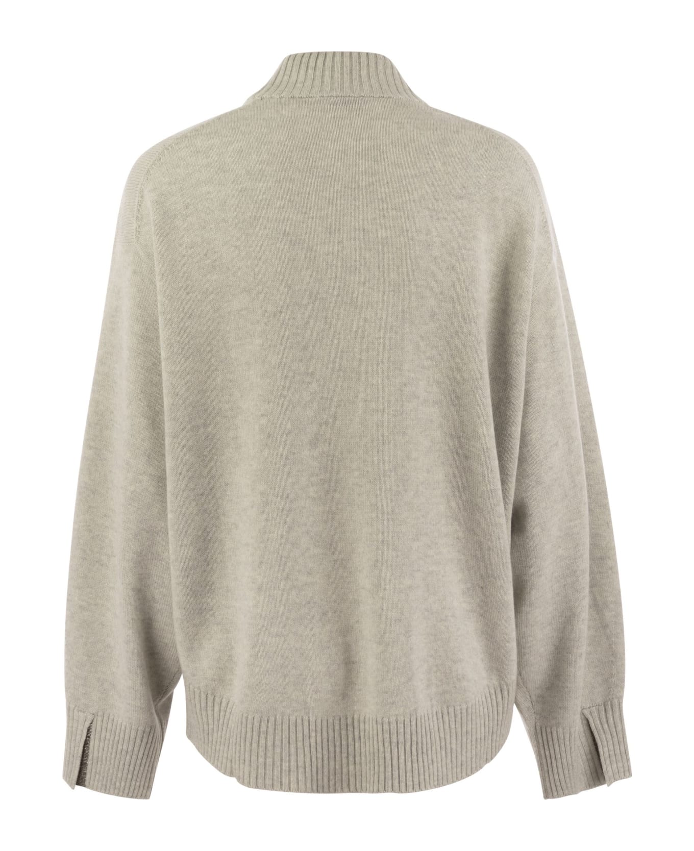 Brunello Cucinelli Cashmere Chimney Neck Sweater With Shiny Cuff Details - Light Grey