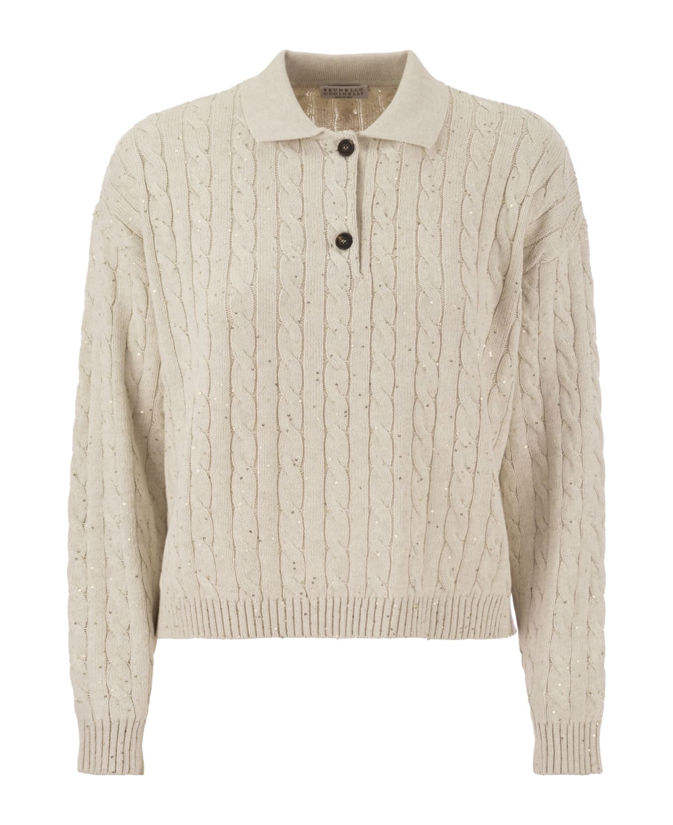 Brunello Cucinelli Dazzling Cables Cotton Polo-style Shirt - Beige ニットウェア