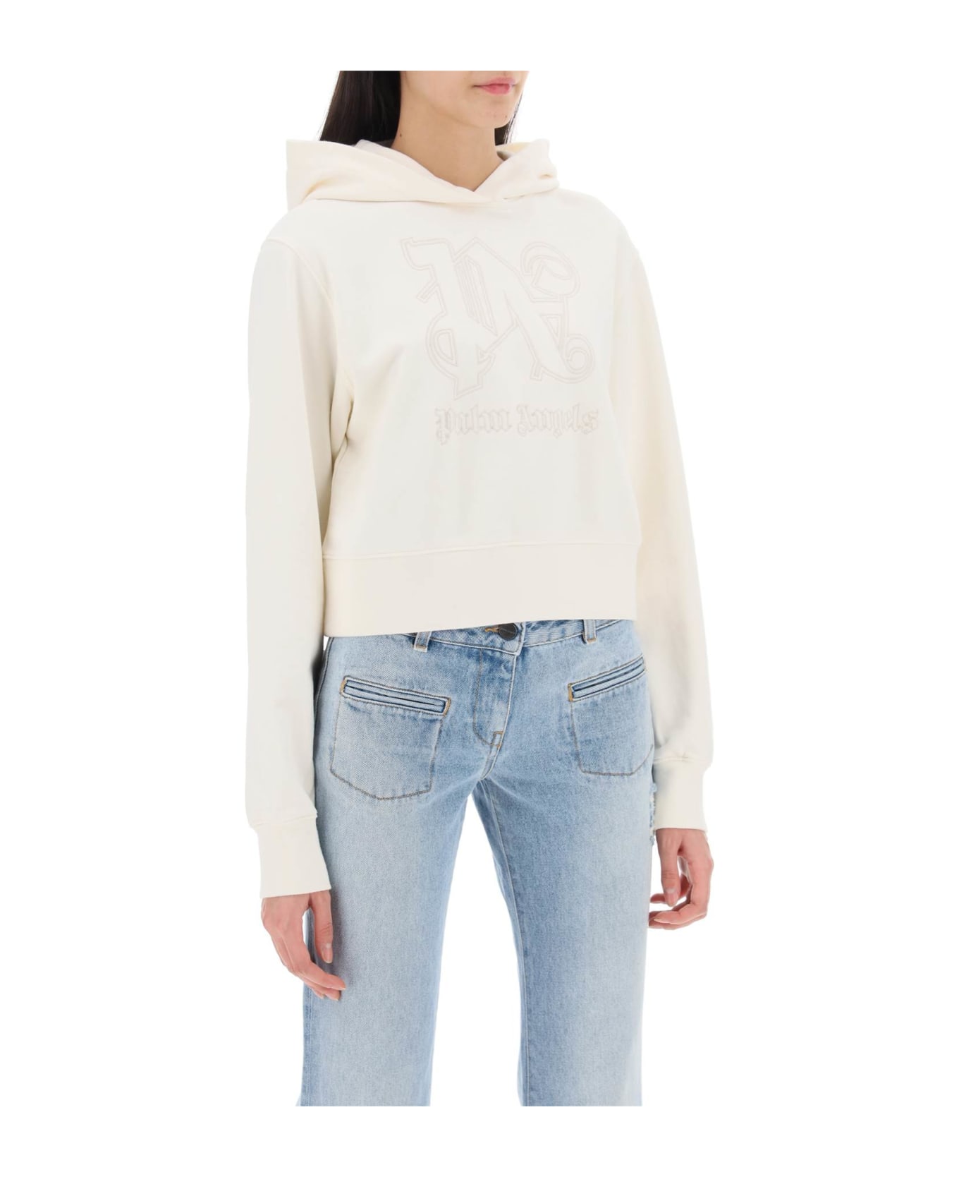 Palm Angels Cropped Hoodie With Monogram Embroidery - OFF WHITE OFF WHITE (White)