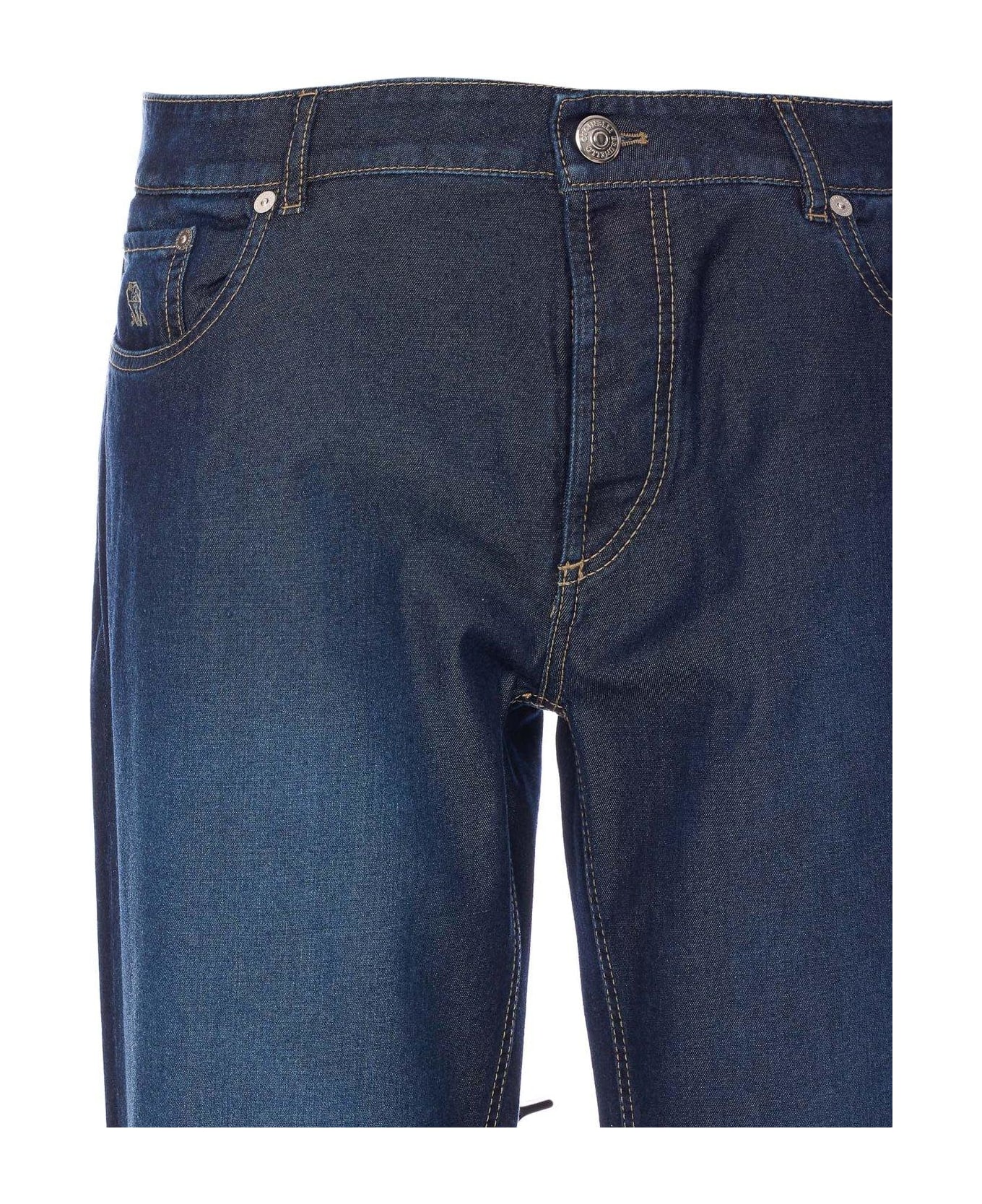 Brunello Cucinelli Logo Patch Turn-up Hem Jeans - Blue